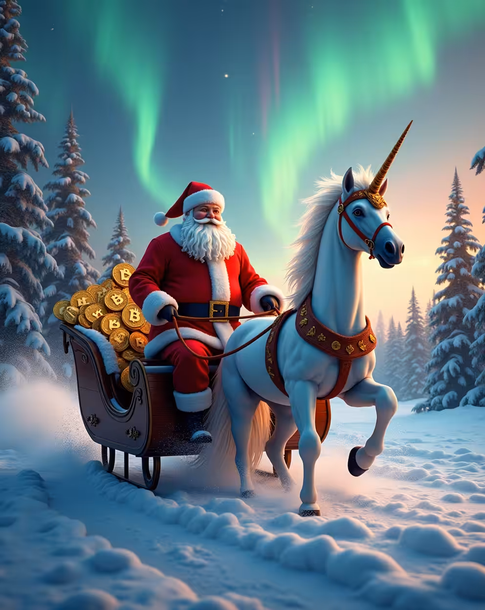 Santa Claus is coming with a bag full of Bitcoin coins on a sleigh pulled by a unicorn.