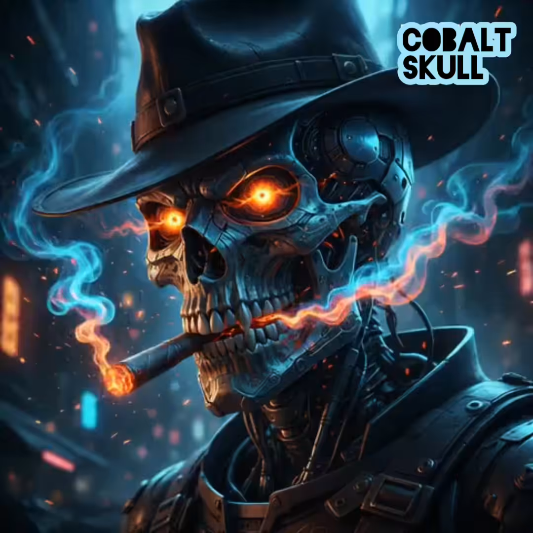 Cobalt Skull's Last Cigarette: The cowboy with the blue smoke and incandescent gaze.