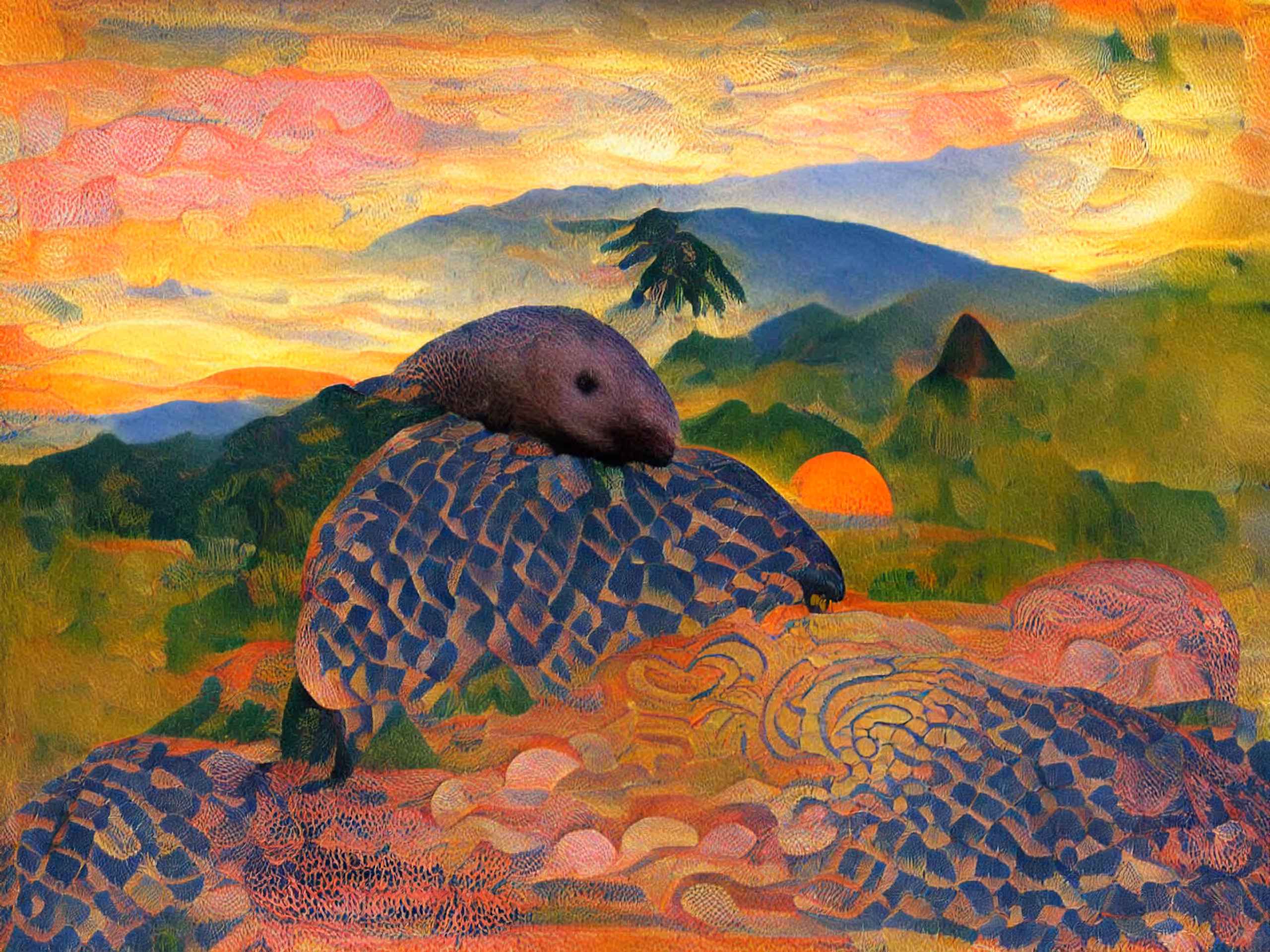 Pangolin On A Mountain At Sunset