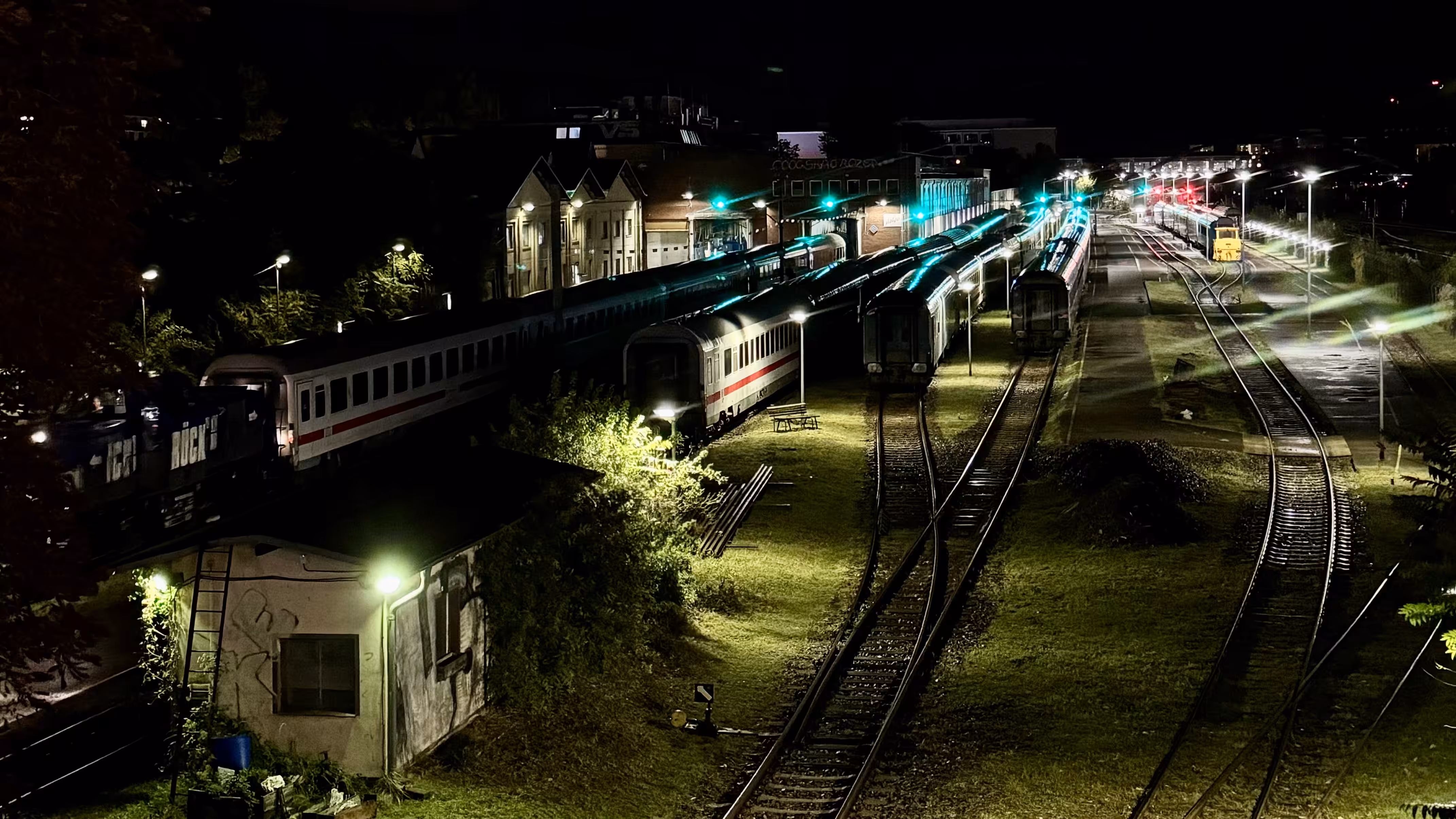Train yard by night