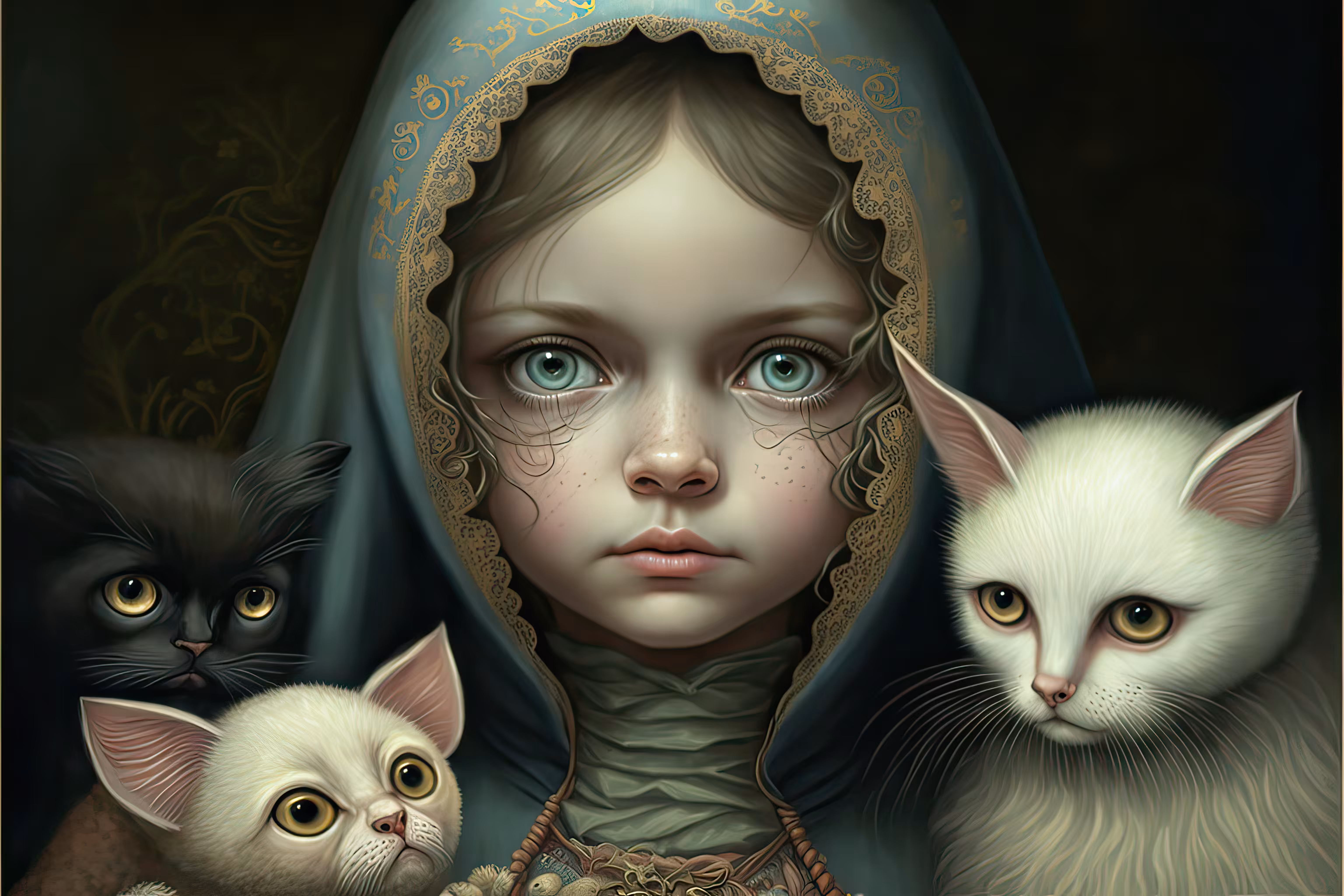 The Golden Teal scarf and the Three Feline Friends