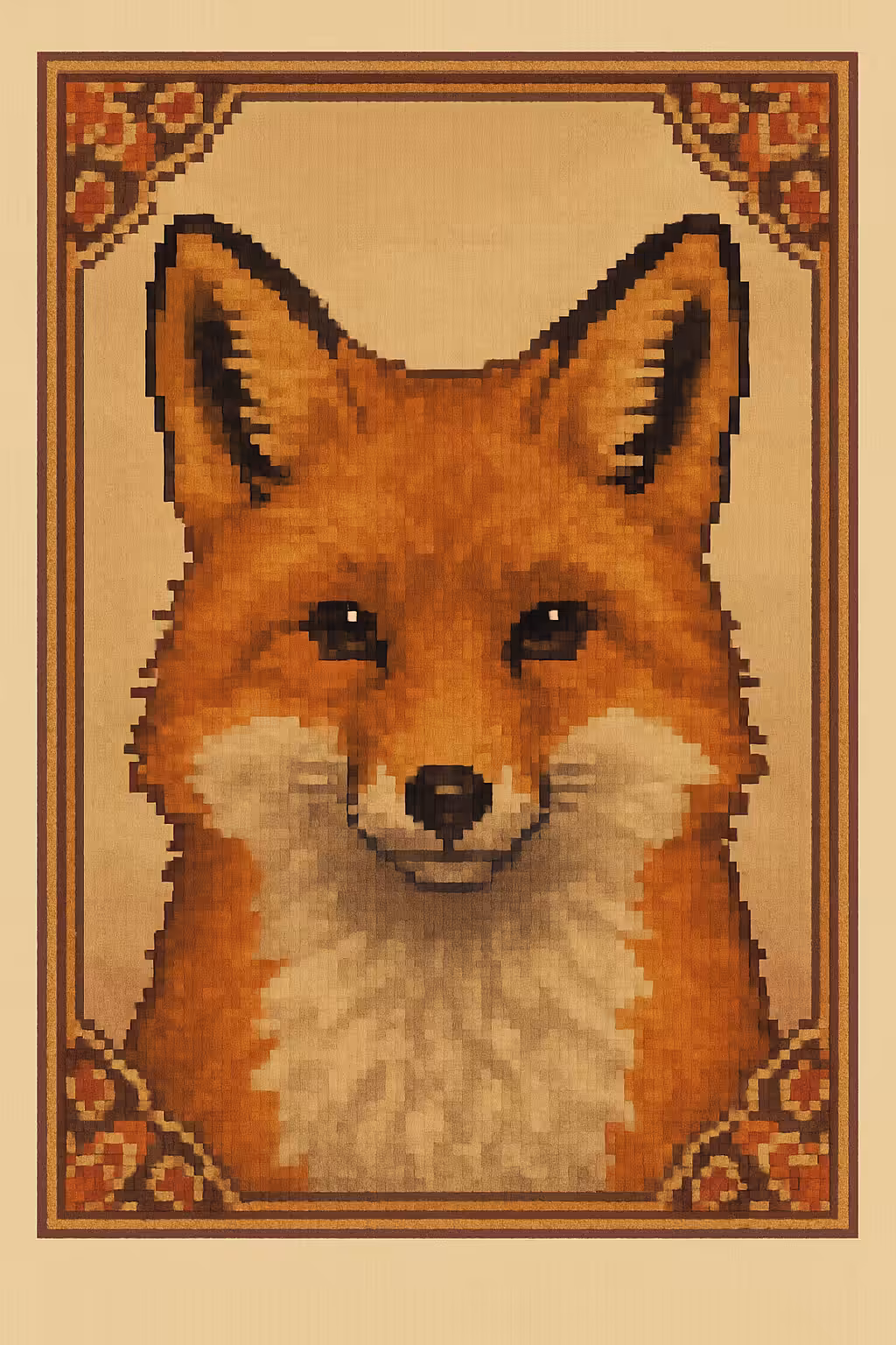 A Persian red fox with a clever glint in its eye, framed in a floral Persian border. A graceful, pixelated tribute to wit, warmth, and quiet survival.