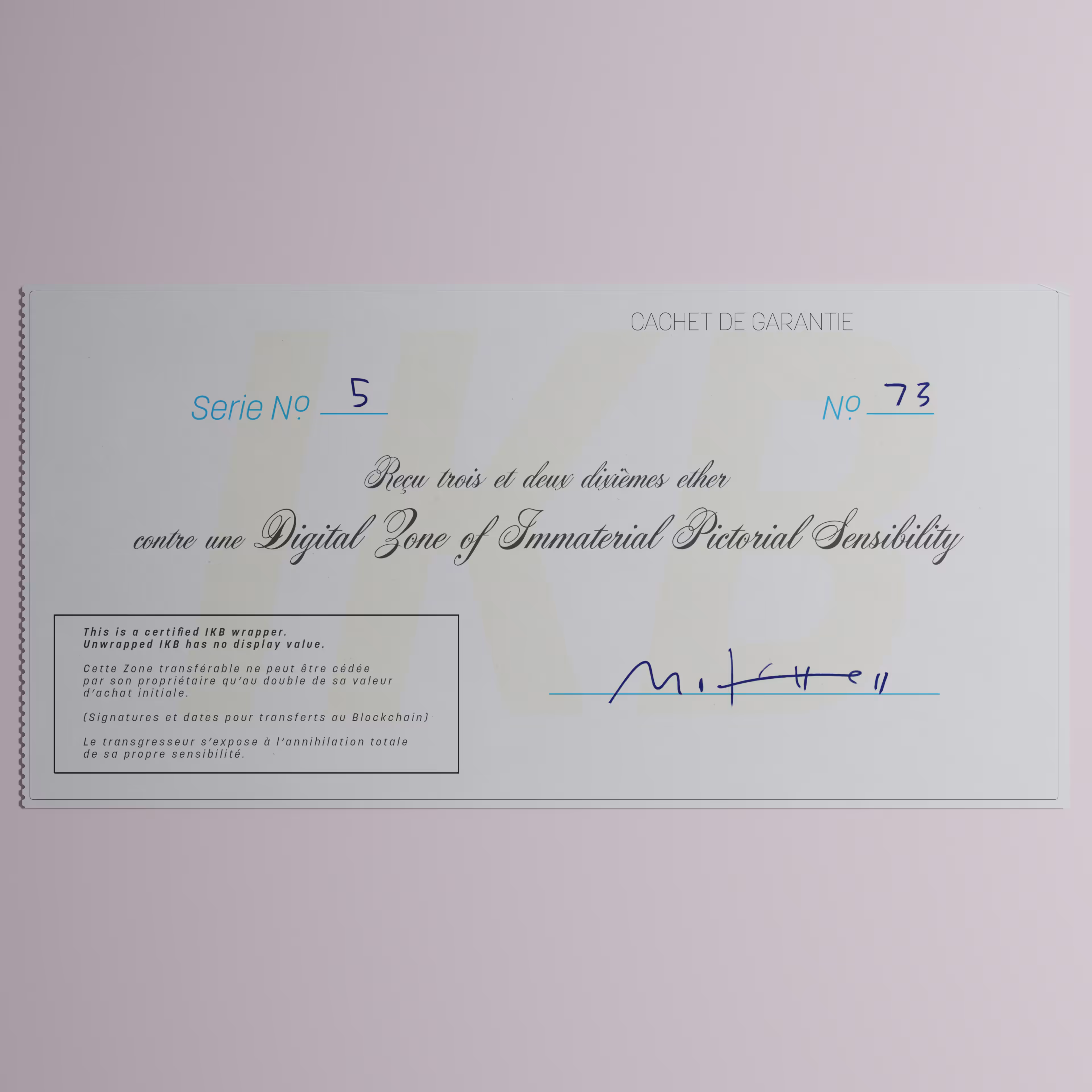 Digital Zone of Immaterial Pictorial Sensibility, Series 5, Edition 73. (Wrapped)