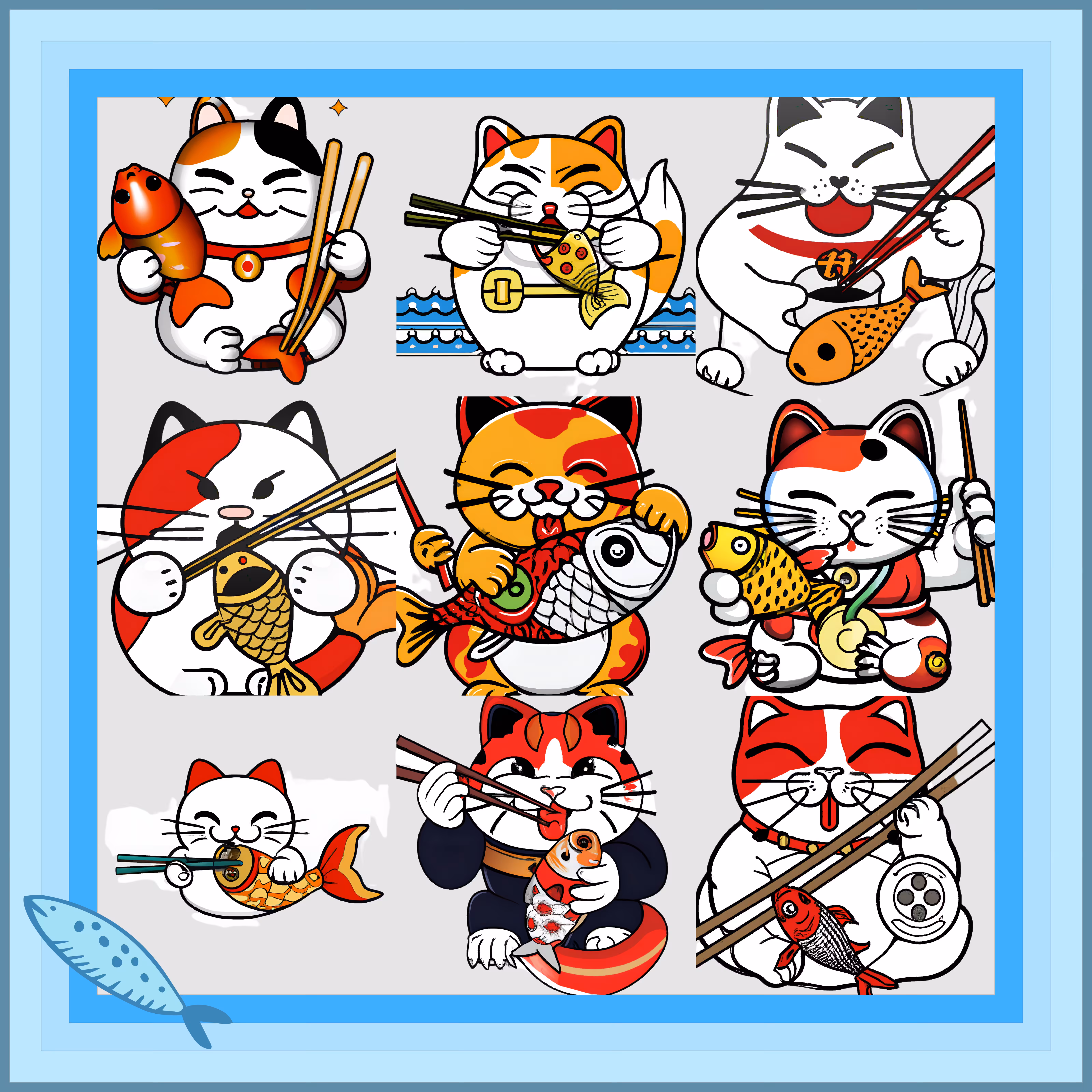 刺身を食べるまねきねこ  Maneki Neko Eating Sashimi