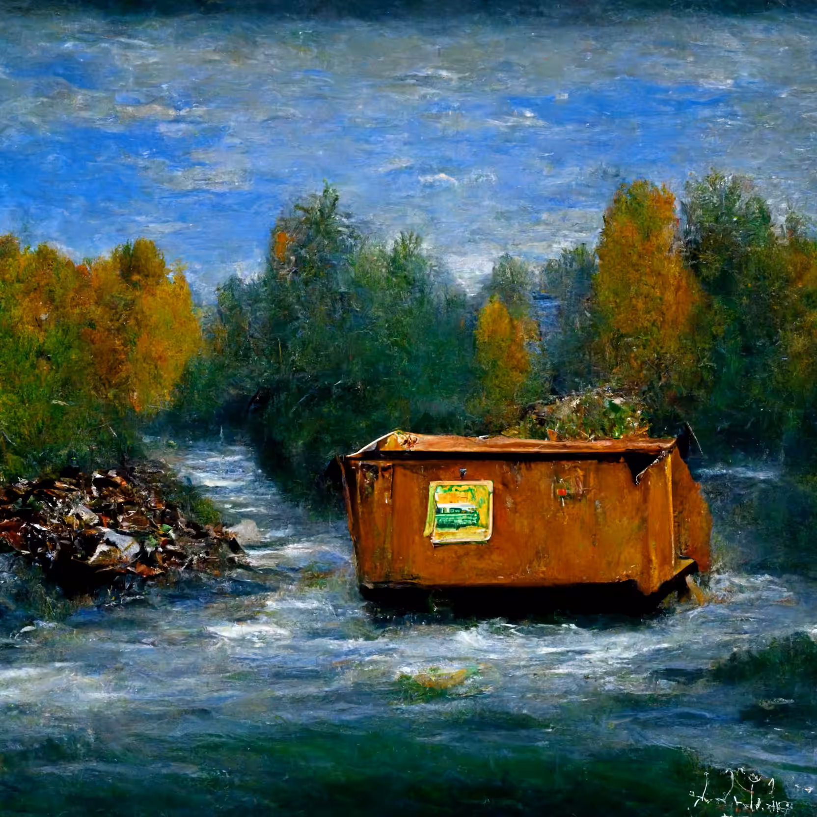 Happy Little Dumpster in the Middle of a River