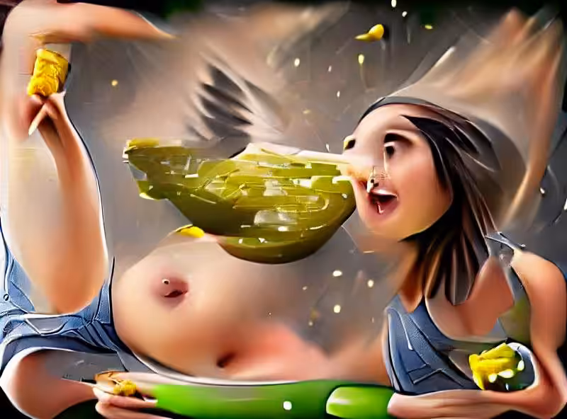 Girl with amazing boobs flying and eating a pickle