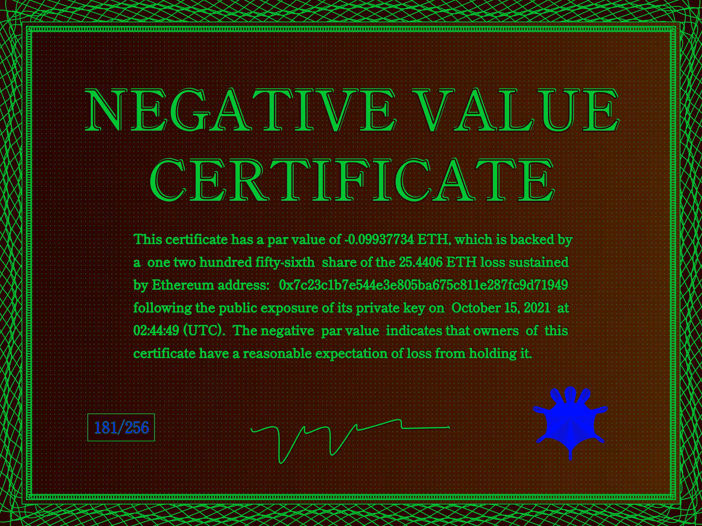 Negative Value Certificate #181 of 256