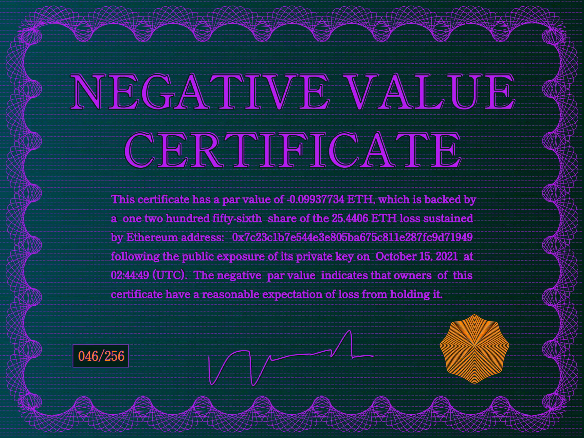 Negative Value Certificate #46 of 256