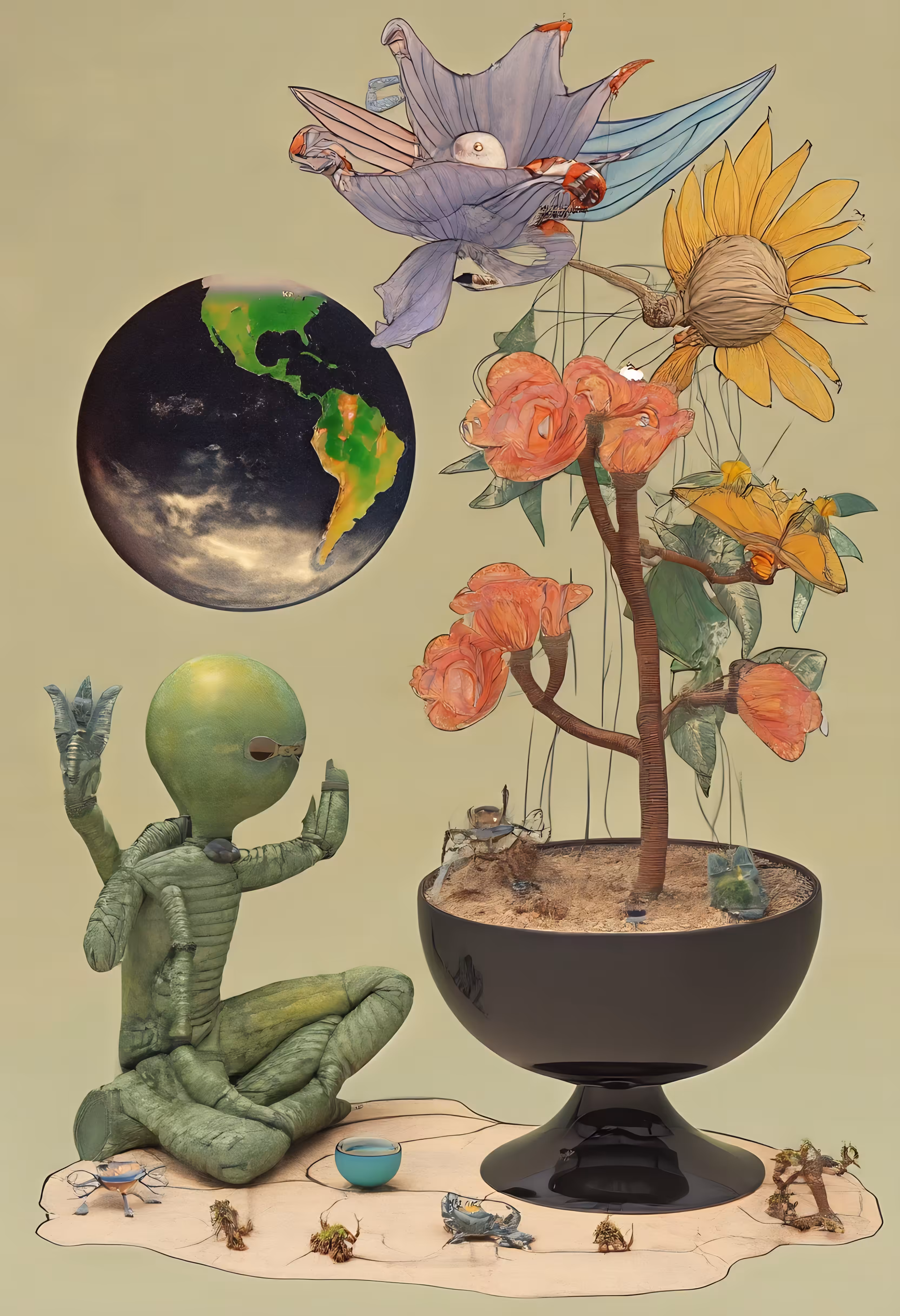Alien Gardener Contemplates Earthly Blooms
