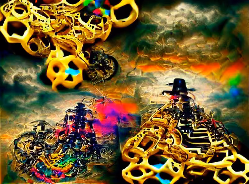 Abraham's First Works: chains kaleidoscope gum cauldron hell sky poison stairway gold treasure gears