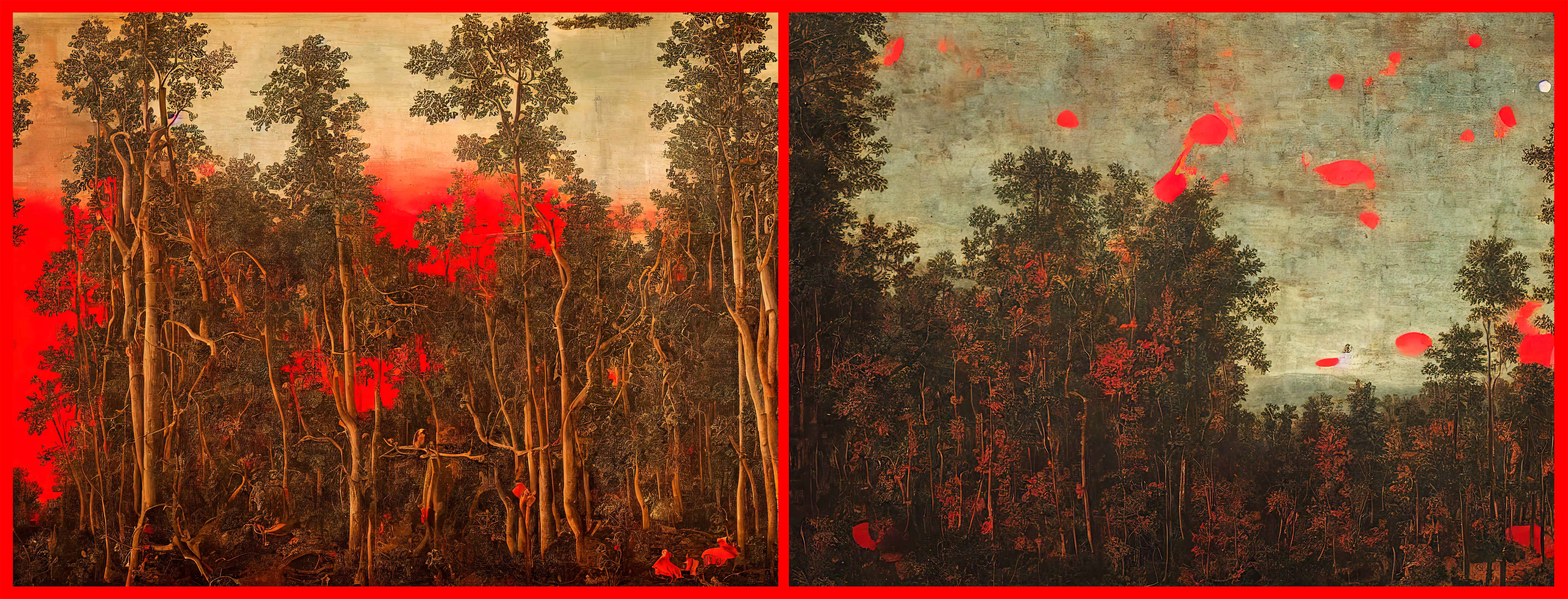 Red sun is setting behind a burning forest, the sky a beautiful red. The trees are silhouetted against the red sky, their leaves ablaze. Licking up the trees creating a wall of heat and light, beautiful, but deadly, would be the only  thing left in the world and was amazing