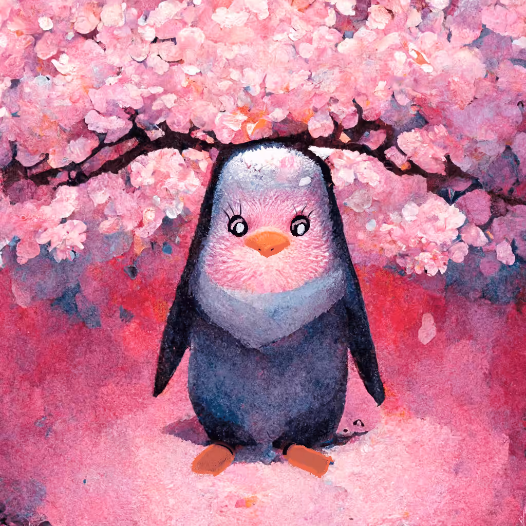 pink penguin in sakura garden