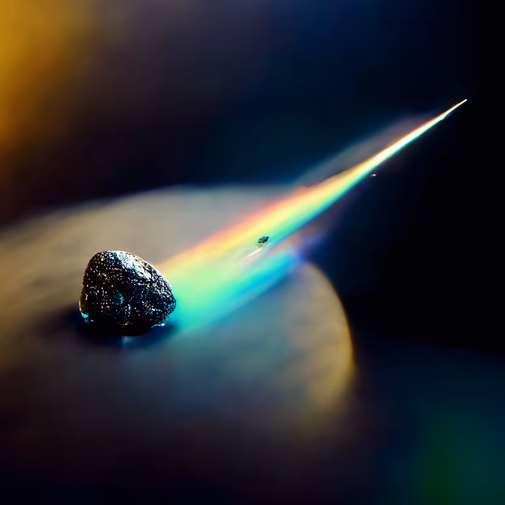 Labradorite comet in Space with a wake rainbow