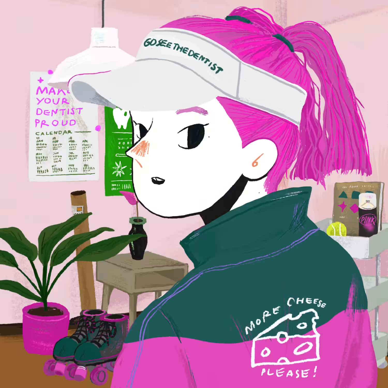 She is in the living room, Wearing her favorite hat.: She is in the living room, Wearing her favorite visor - shi