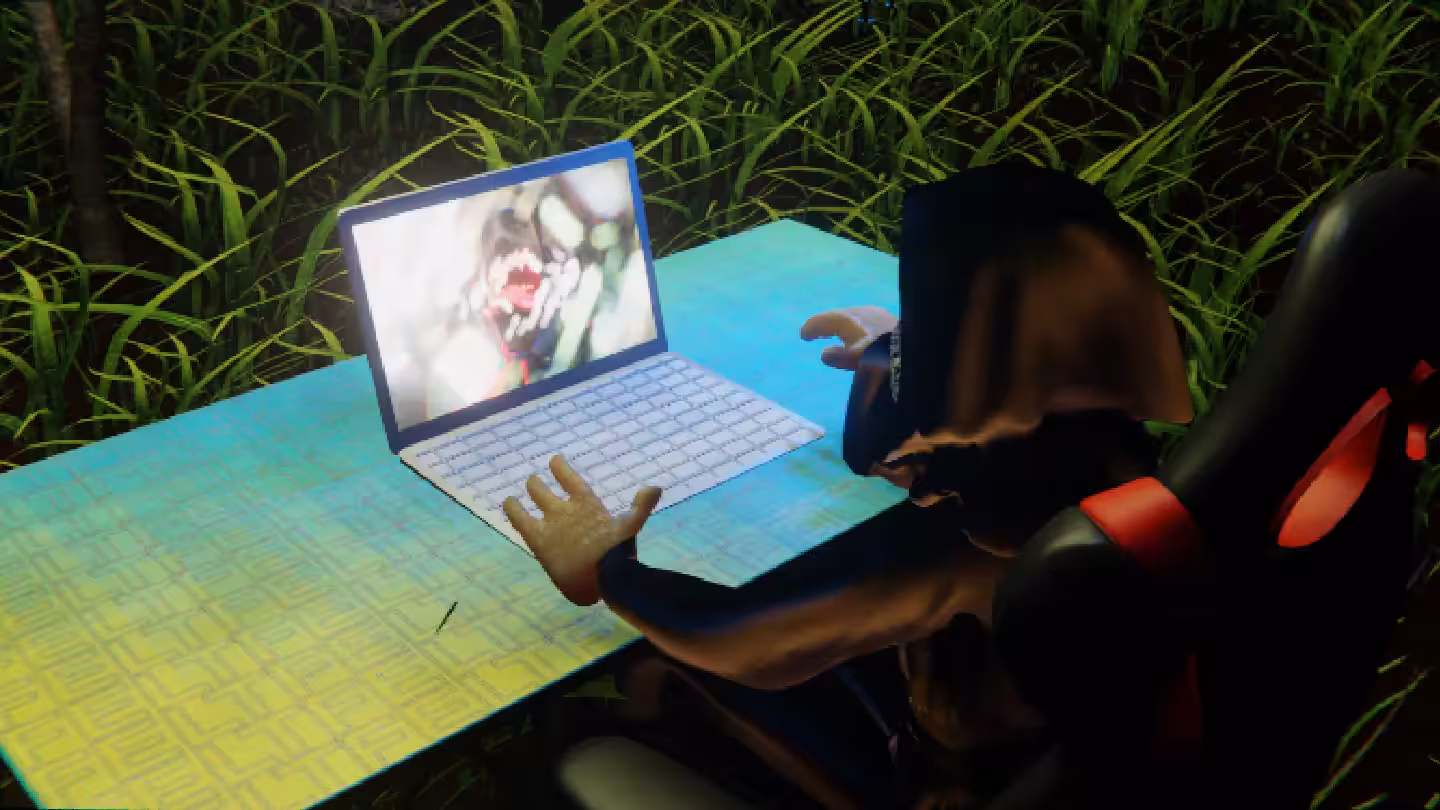 Desktop #145: The Guru in the Gaming Chair With a Drone and a Algo Lite Macbook on a Green FELT Zine Table in The Forest