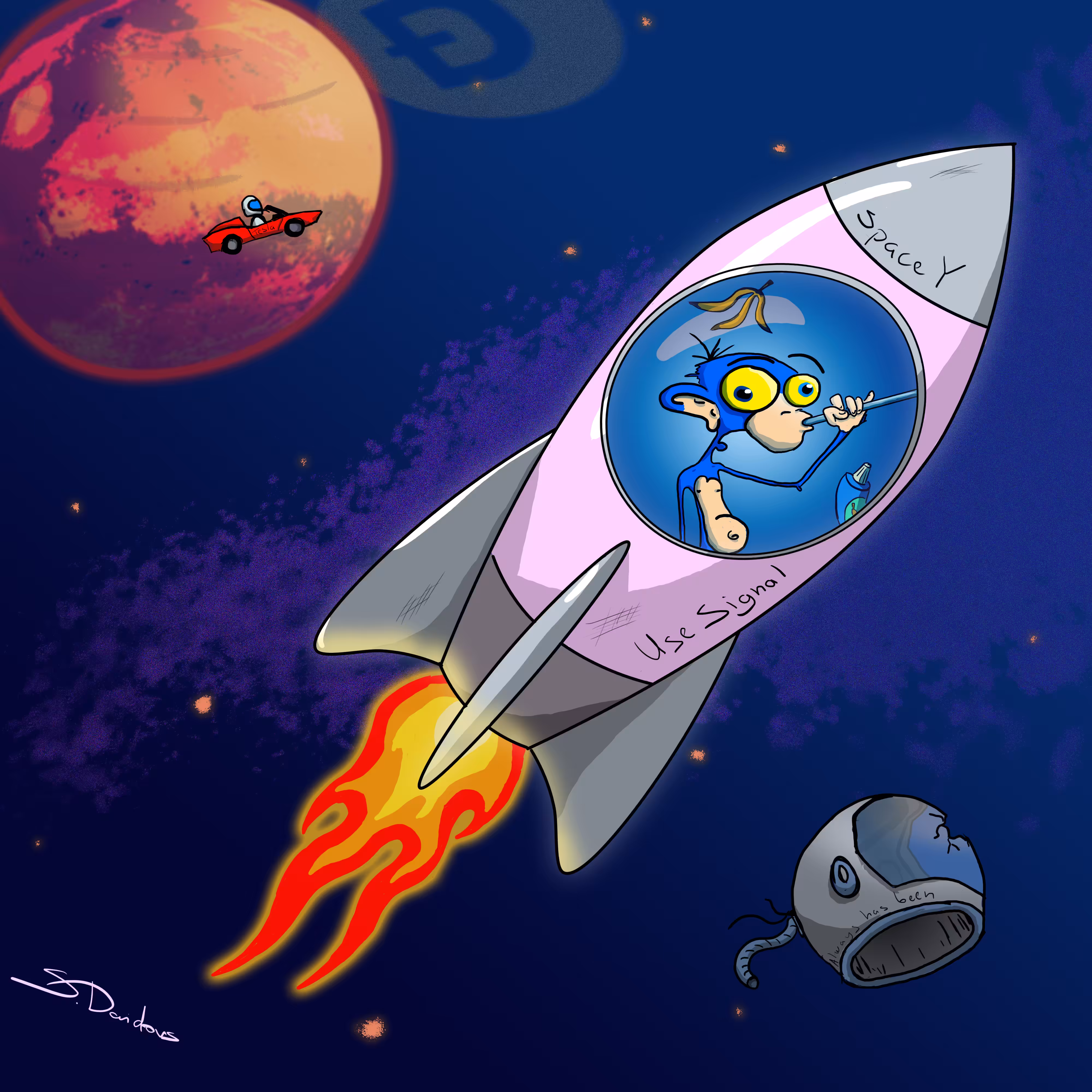 Musk macaque travelling to Mars controlling the rocket with it's mind