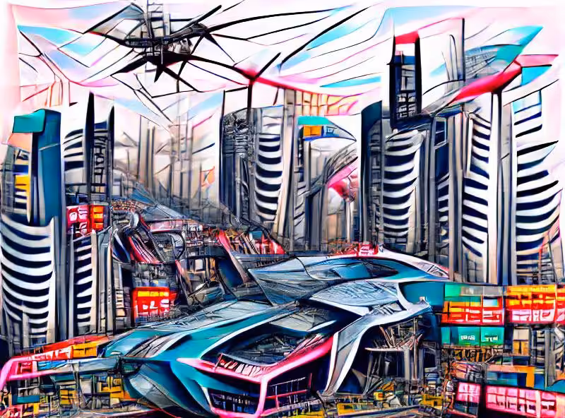 Hyperfuturistic cyberpunk cityscape with flying cars