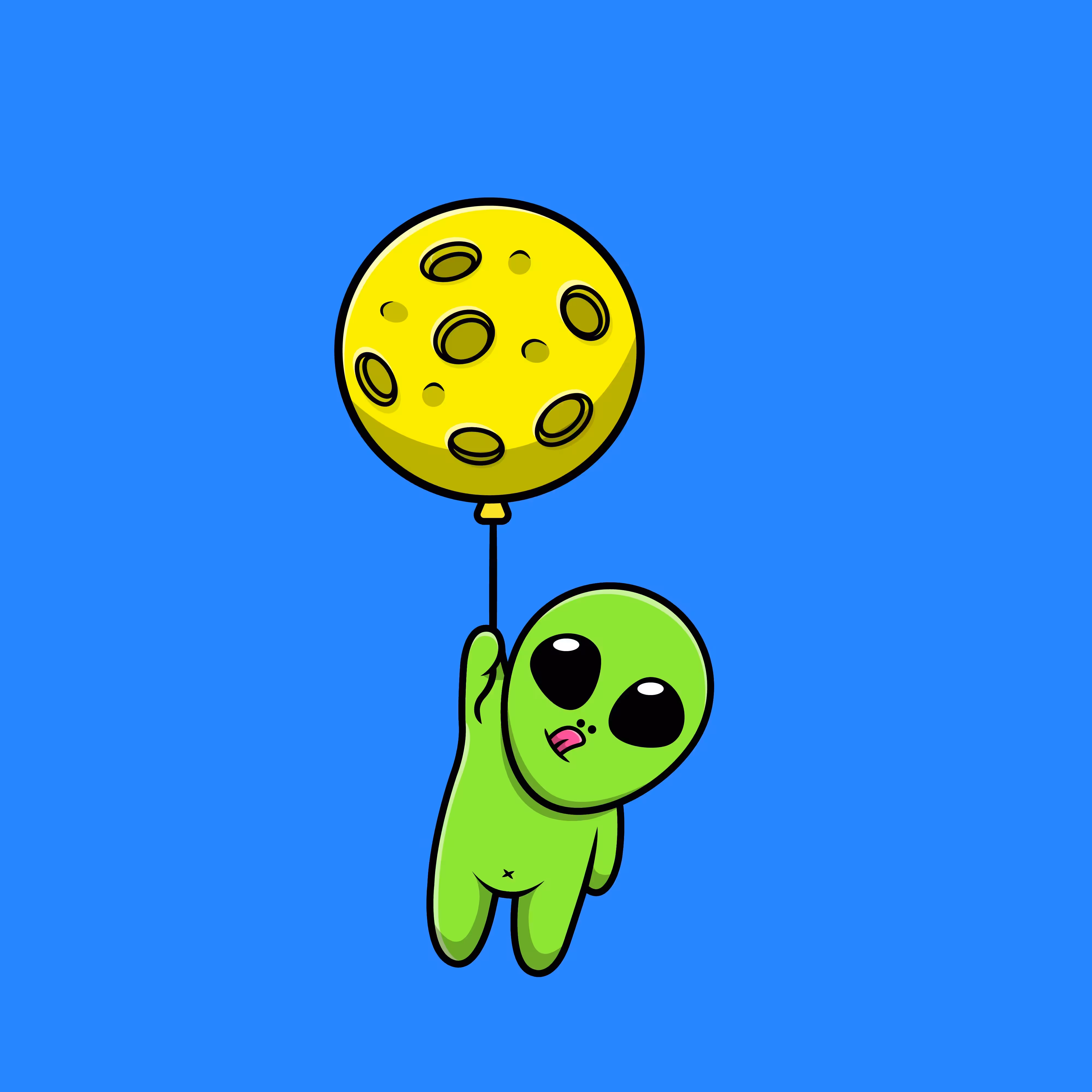 Cute Alien Floating With Moon Balloon