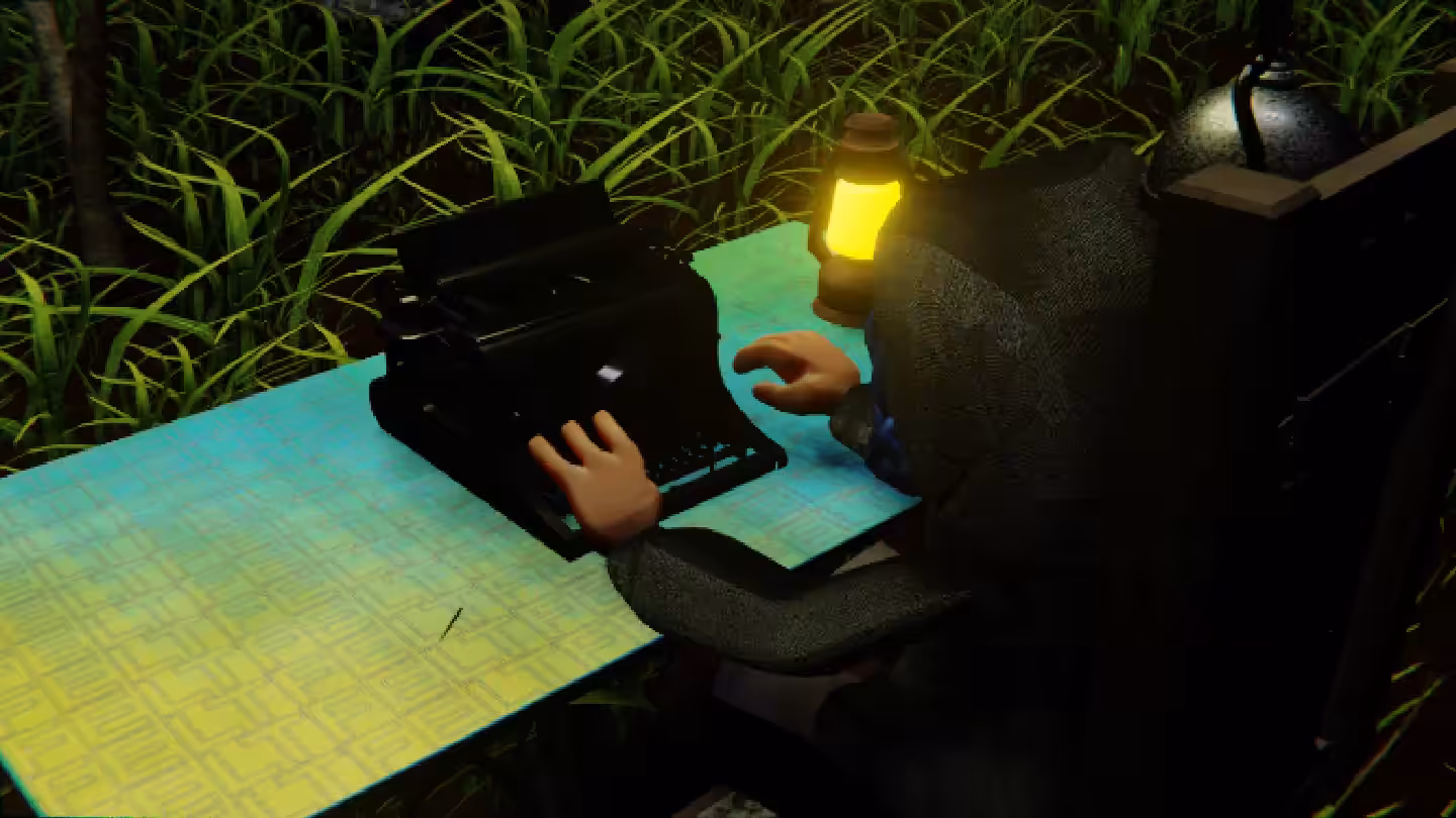 Desktop #211: The Hacker in the Electric Chair With a Gas Lamp and a Typewriter on a Green FELT Zine Table in The Forest