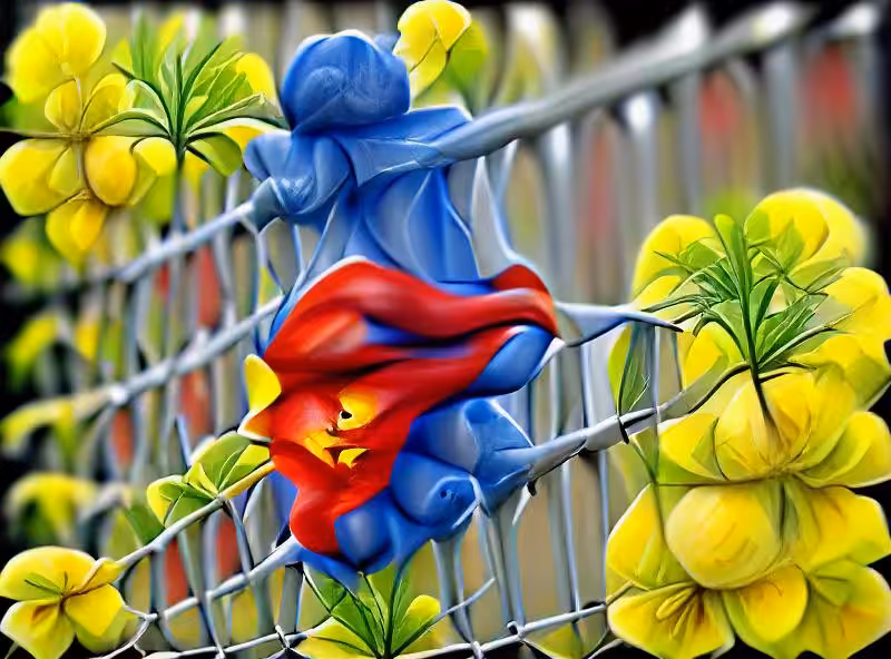 Abraham's First Works: A red yellow blue flower climbing on a fence