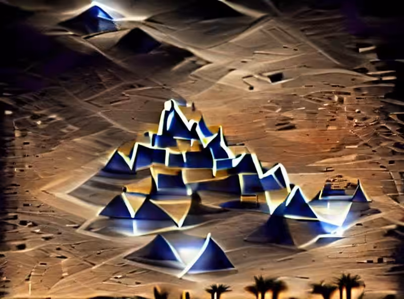 Abraham's First Works: Pyramids in the desert under moonlight