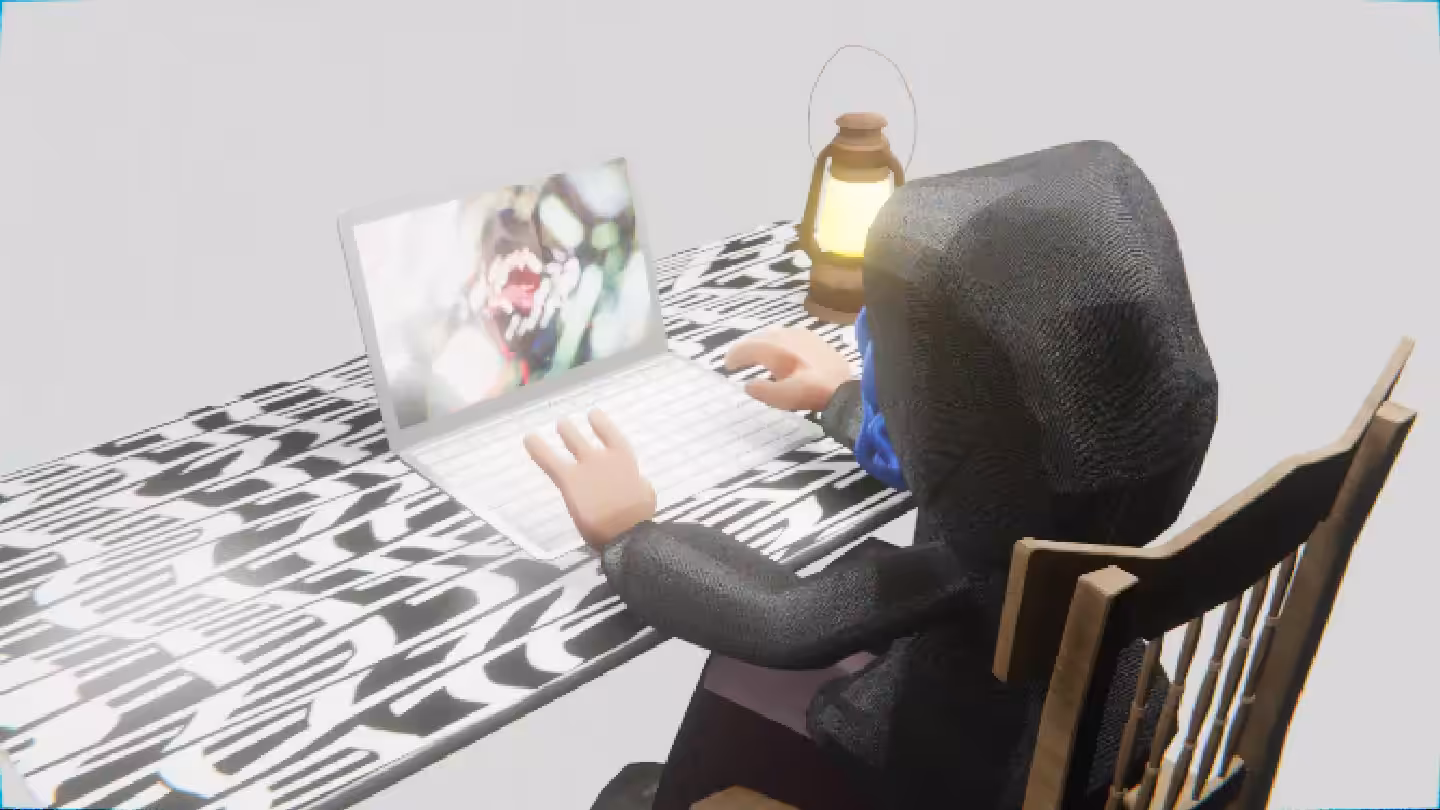Desktop #227: The Hacker in the French Wood Chair With a Gas Lamp and a Algo Lite Macbook on a Pattern Table in The Void