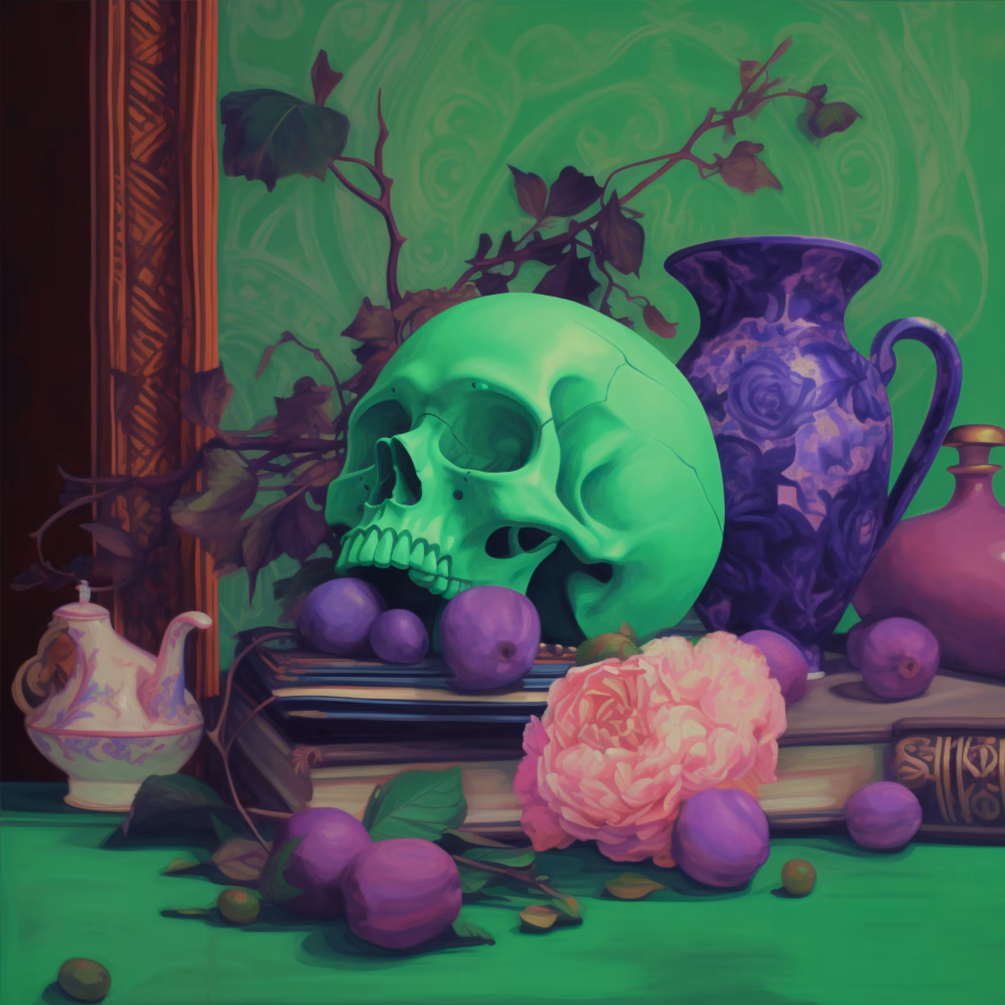 Purple vase. Green scull