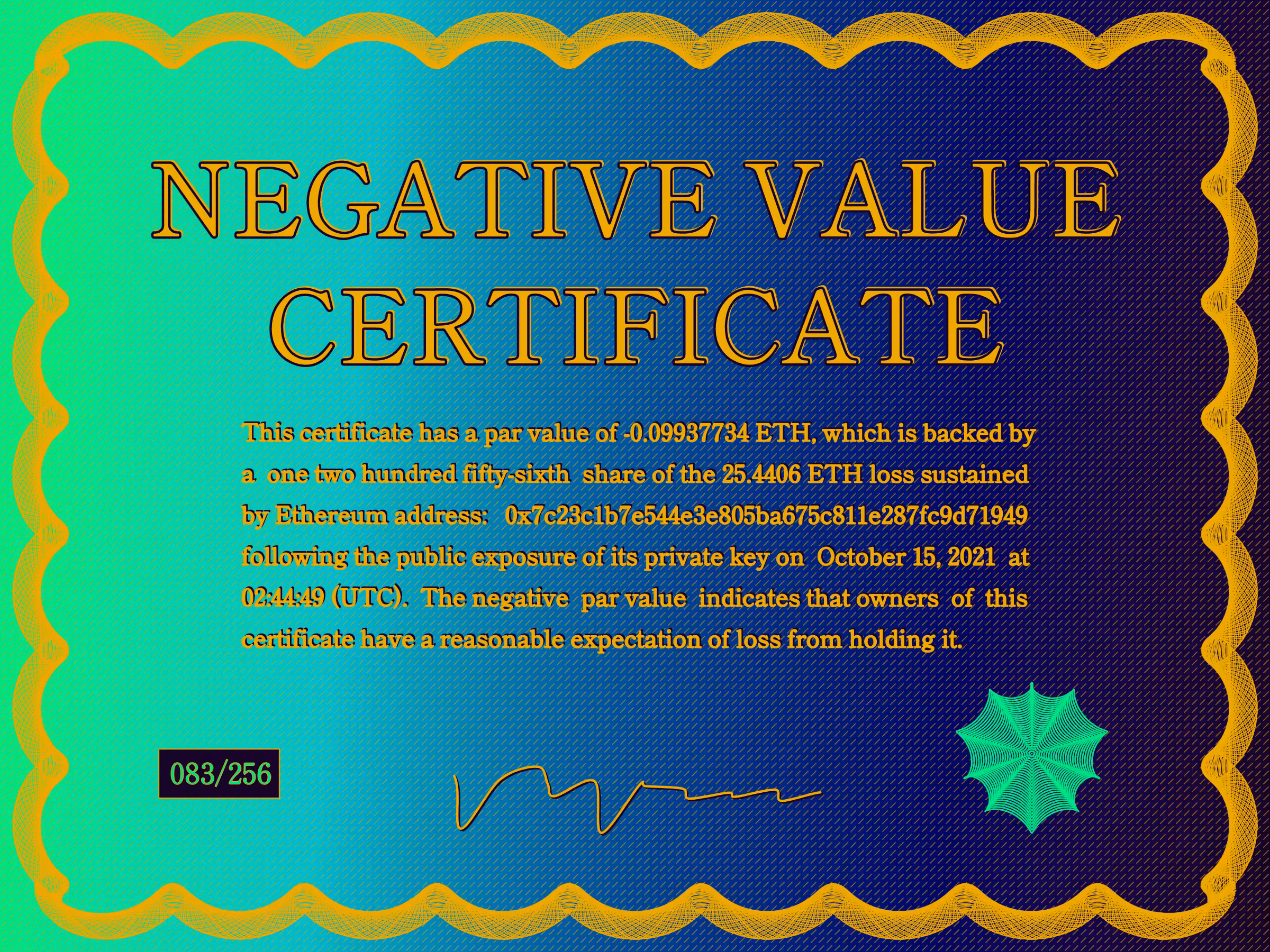 Negative Value Certificate #83 of 256