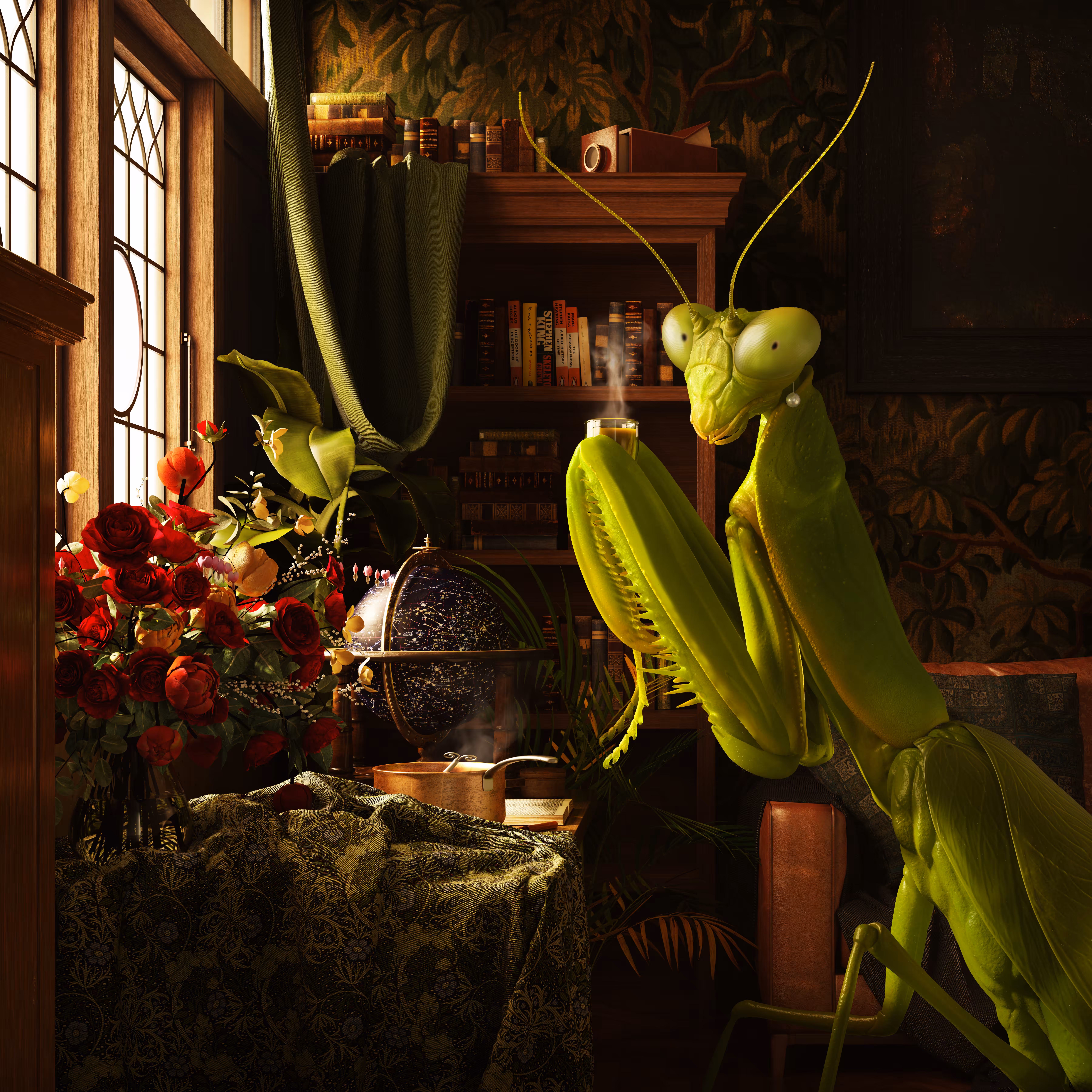 Praying mantis in morning light
