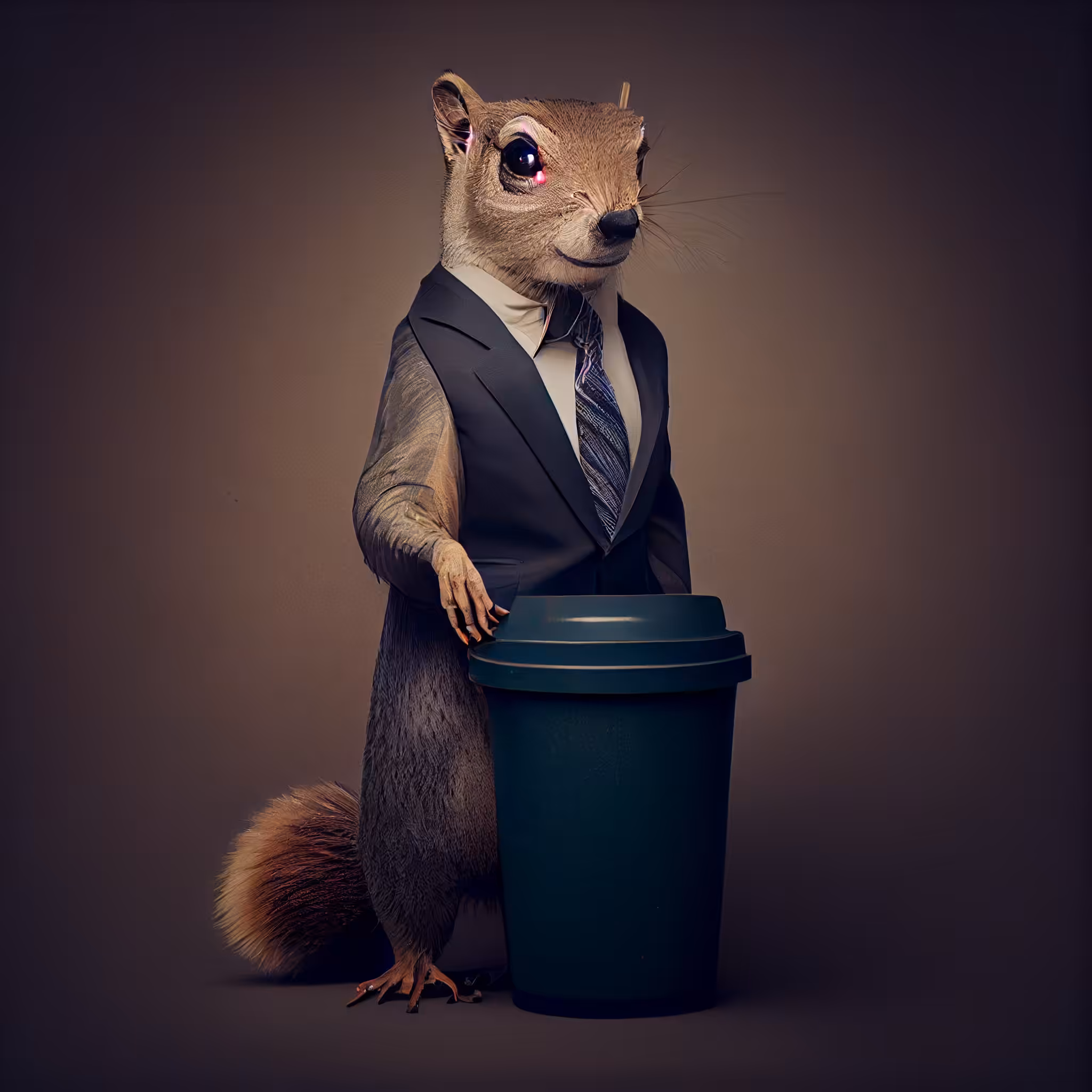 Oficial portrait of a pants less squirrel in a sleeveless business vest and his toter
