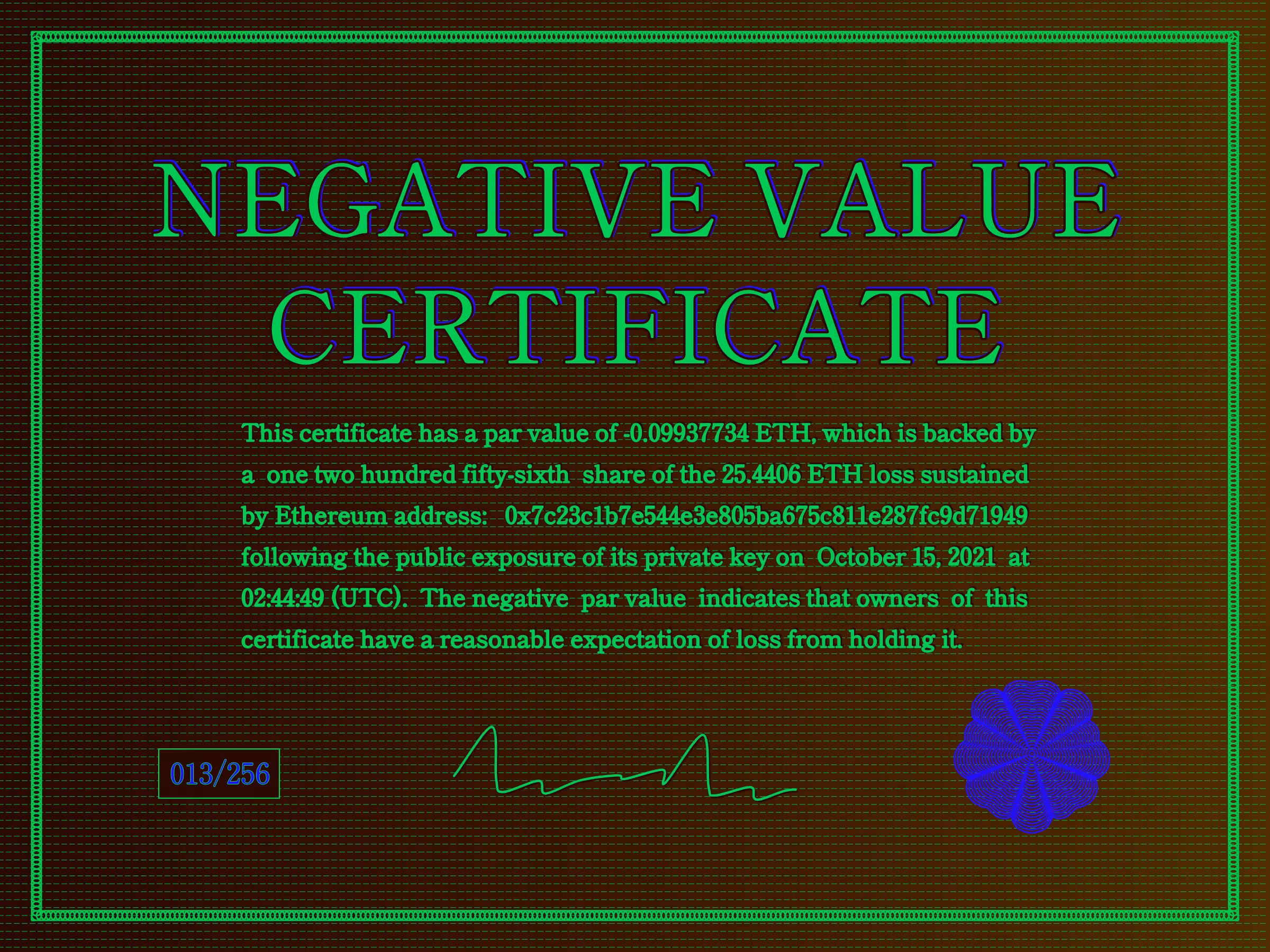 Negative Value Certificate #13 of 256