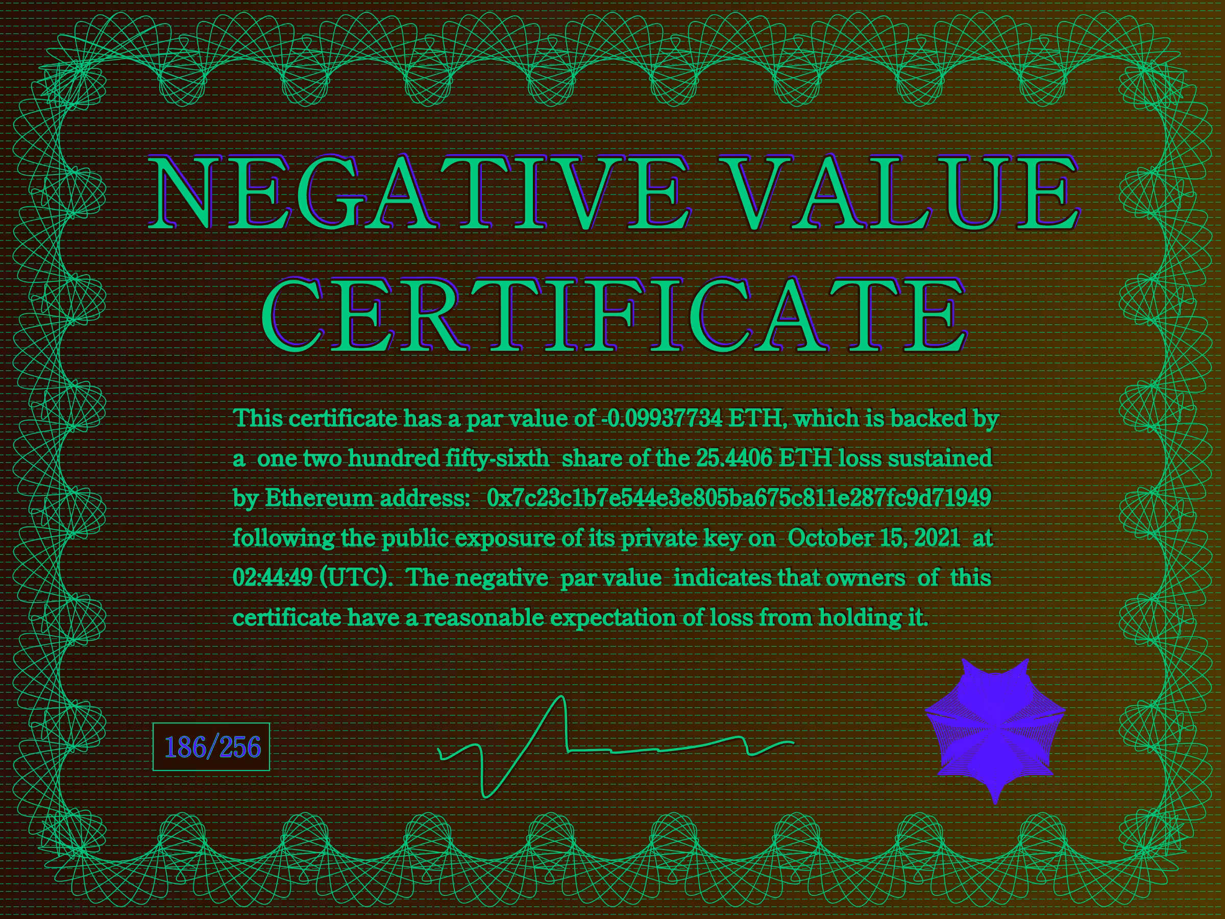 Negative Value Certificate #186 of 256