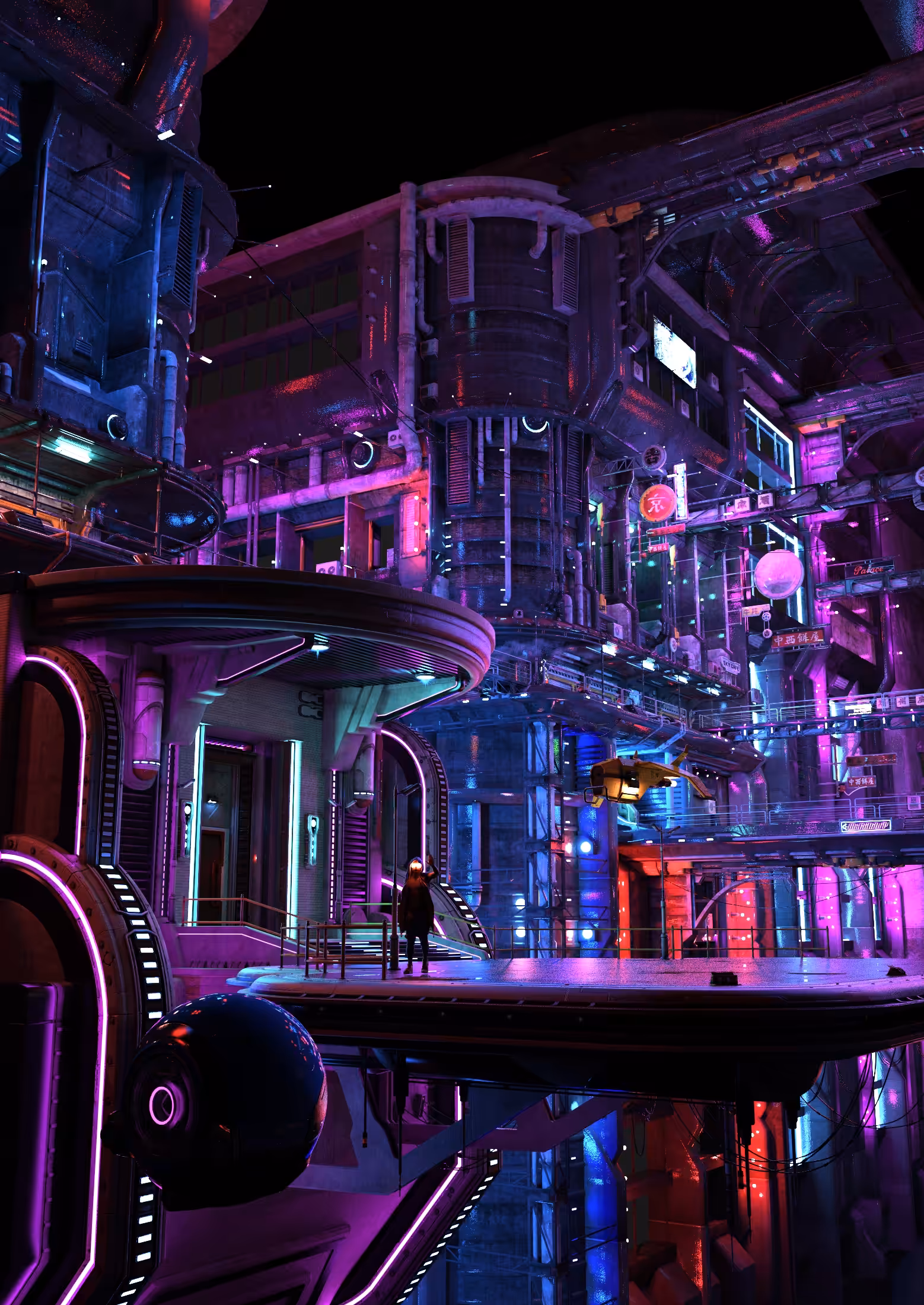Purple neon night in a cyberpunk city.