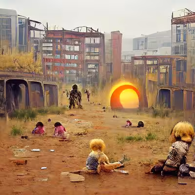 AI MASTERPIECE #1014 - CHILDREN PLAYING UNDER THE SUN, IN A POST-APOCALYPTIC WORLD