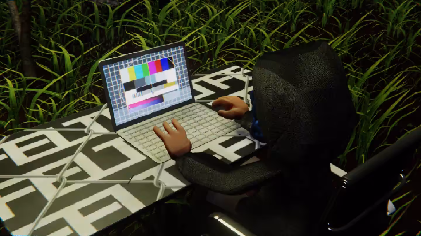 Desktop #69: The Hacker in the Black Slim Chair With a Hanging Light and a Please Stand By Monitor on a Barbed Wire Table in The Forest