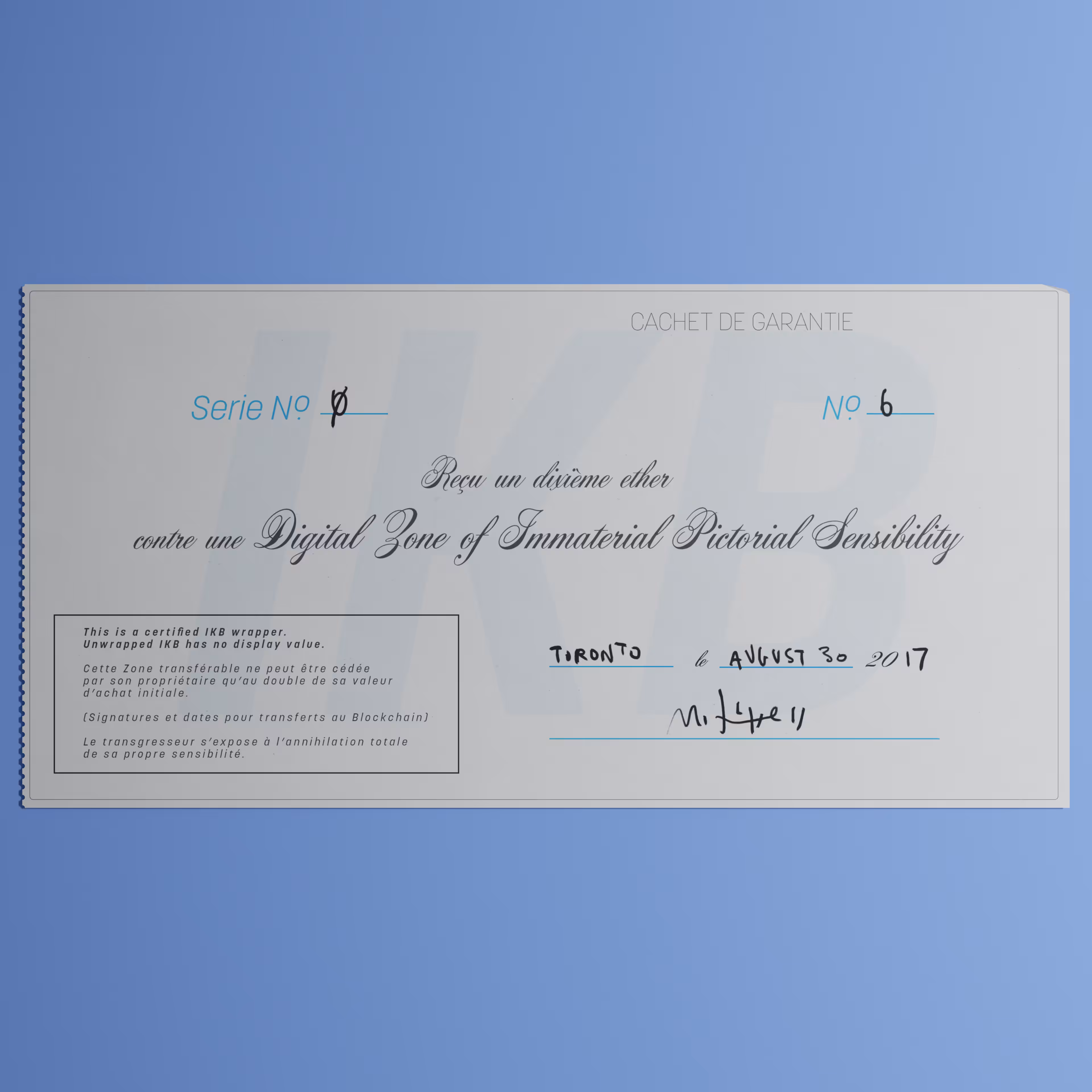 Digital Zone of Immaterial Pictorial Sensibility, Series 0, Edition 6. (Wrapped)