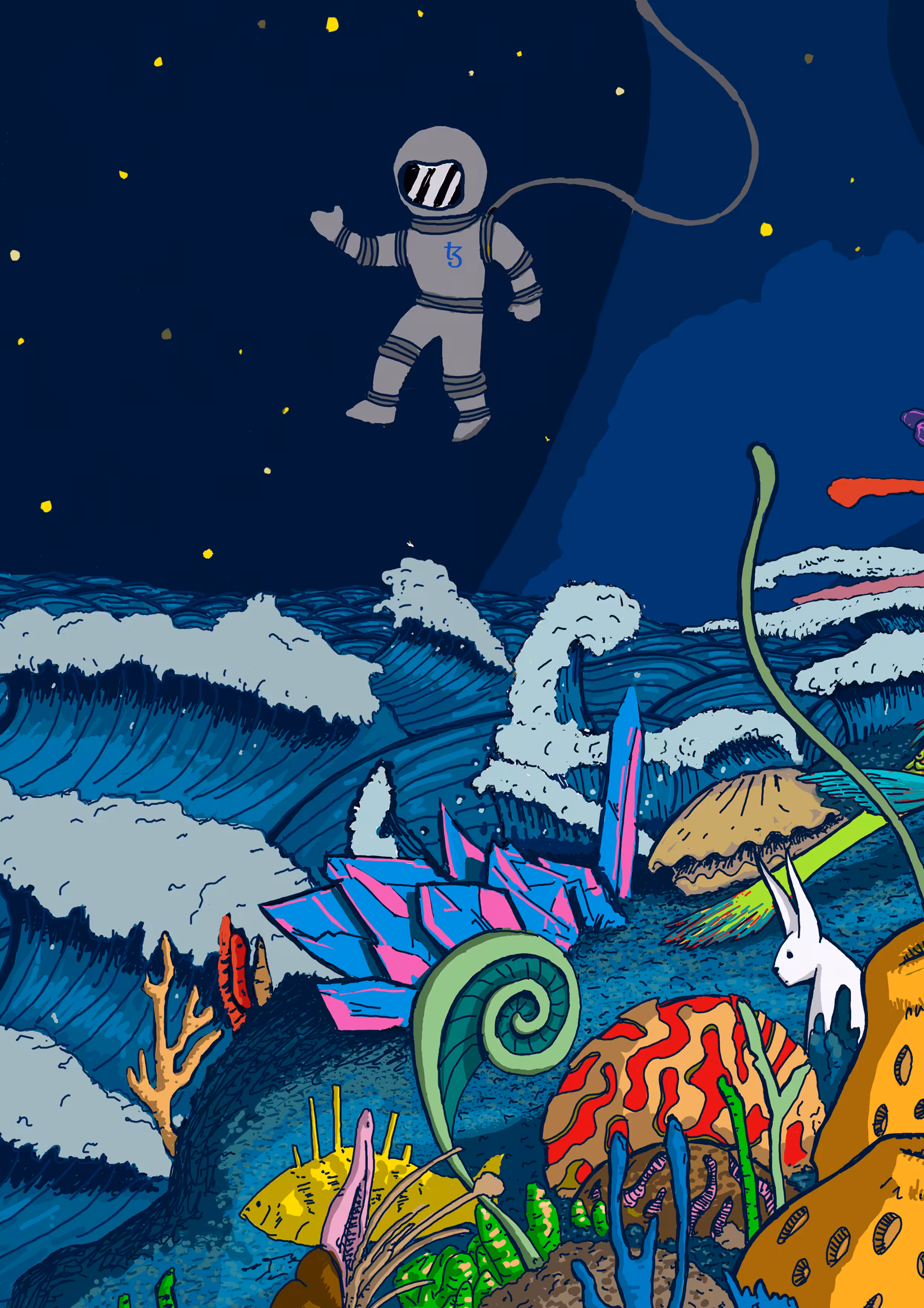 Underwater spaceman reaching to the moon