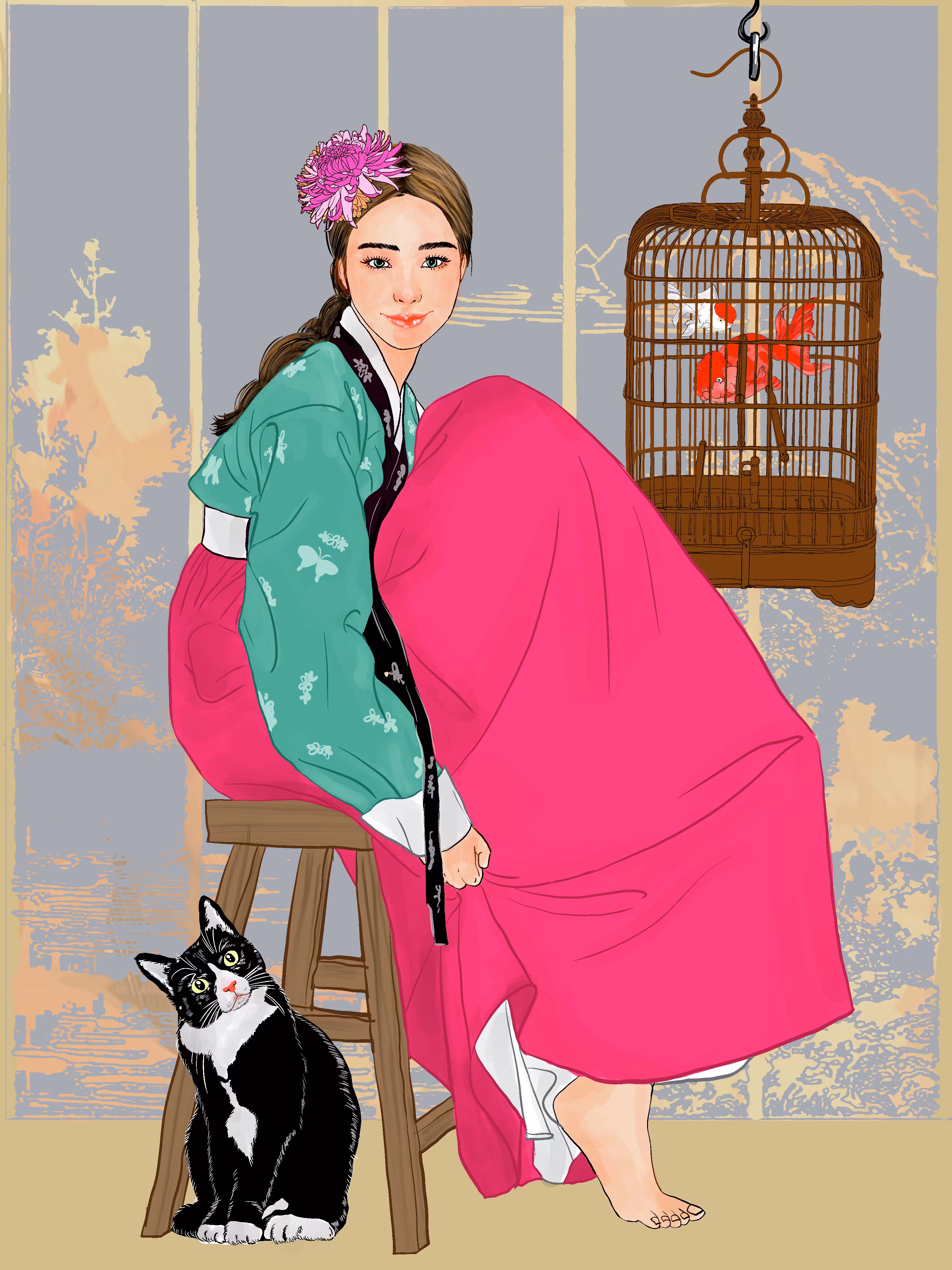 me , cat and the goldfish in the cage