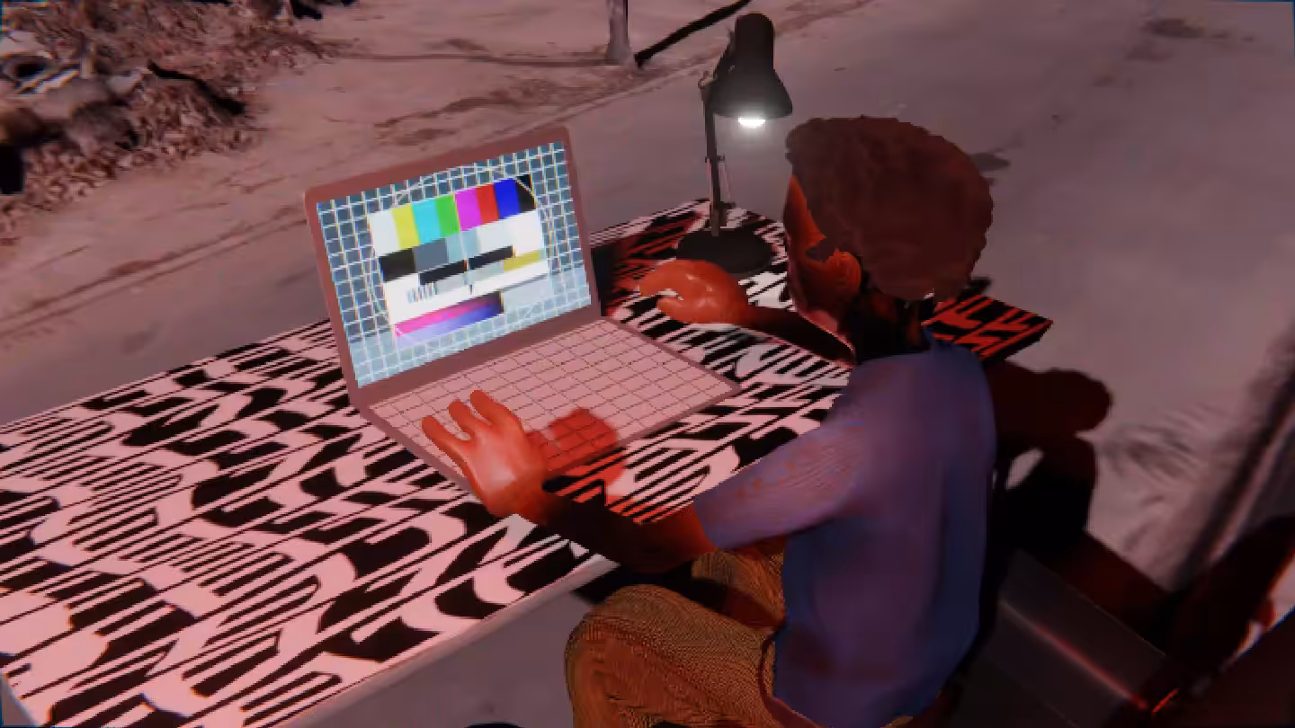 Desktop #297: The Developer in the Eames Chair With a Desk Lamp and a Please Stand By Monitor on a Pattern Table in Conflict