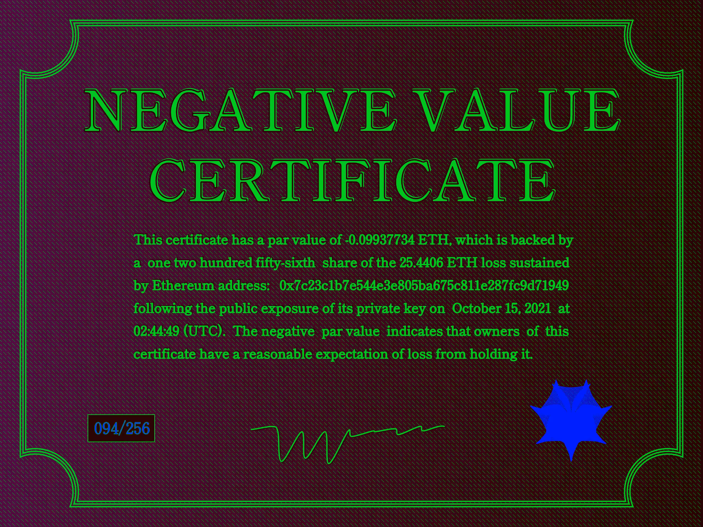 Negative Value Certificate #94 of 256