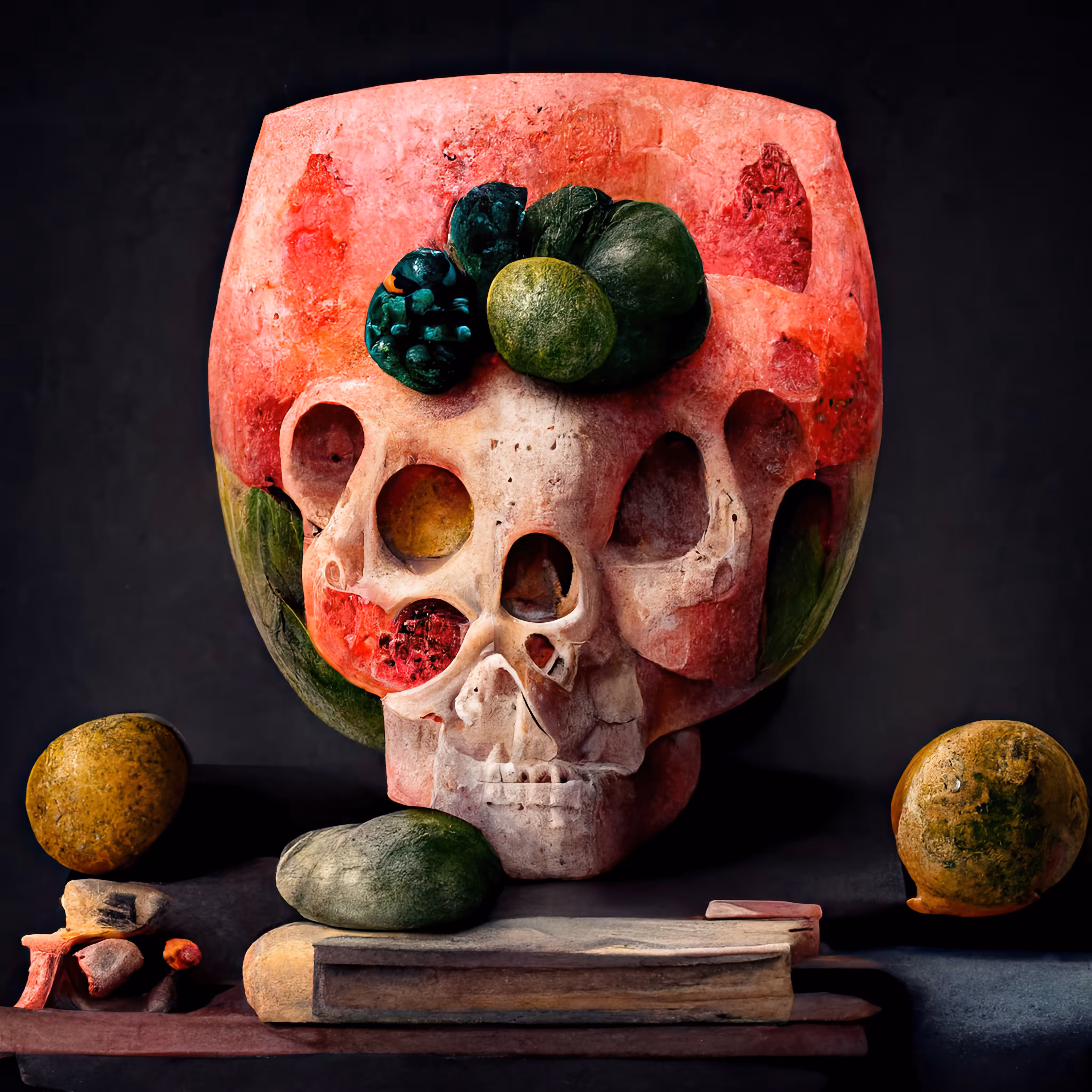 Still life with watermelons and skull. 008