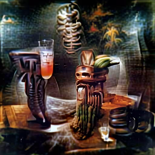 Still life depicting the most absurd, over-the-top Tiki-cocktail ever made, in the style of H R Giger
