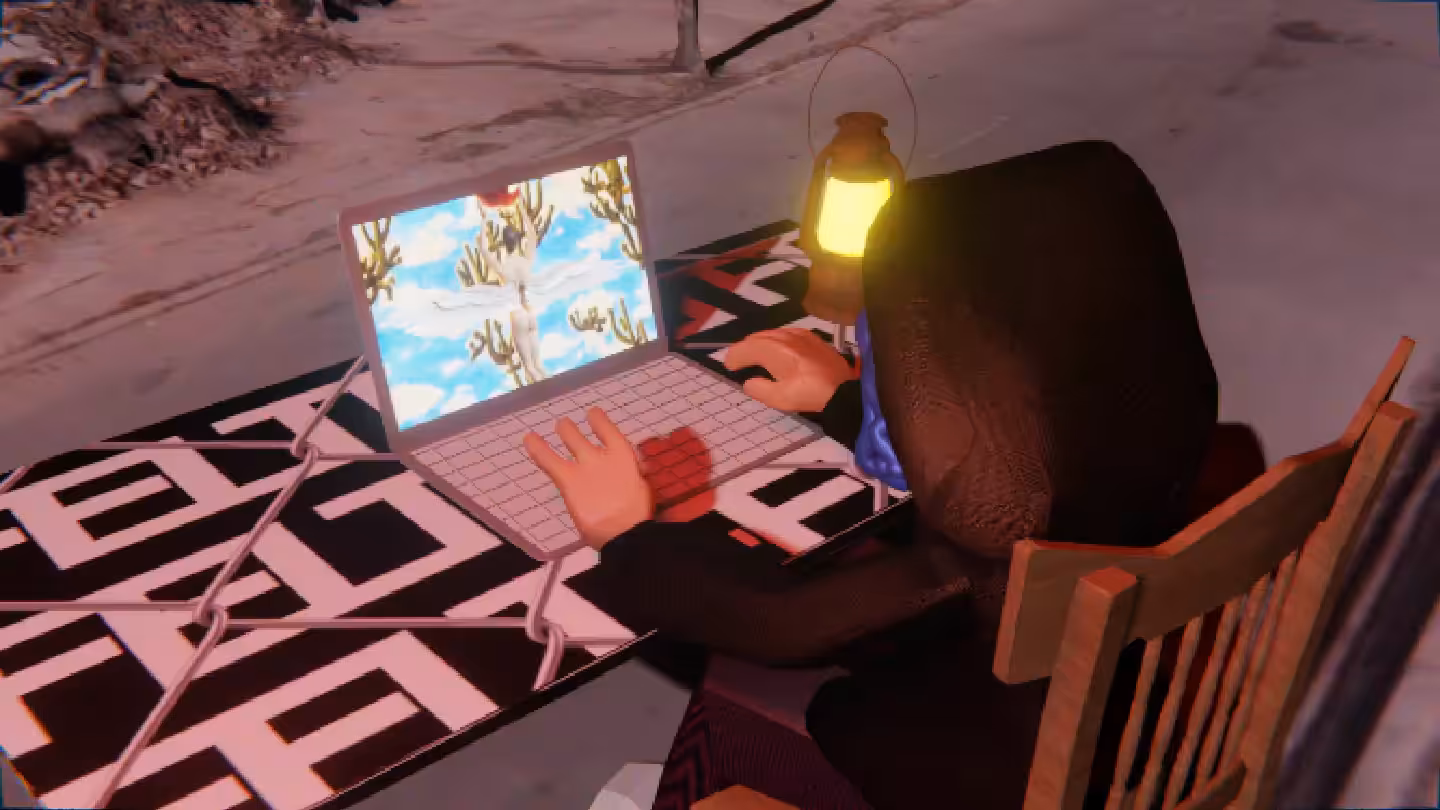 Desktop #84: The Hacker in the French Wood Chair With a Gas Lamp and a Gardens Monitor on a Barbed Wire Table in Conflict