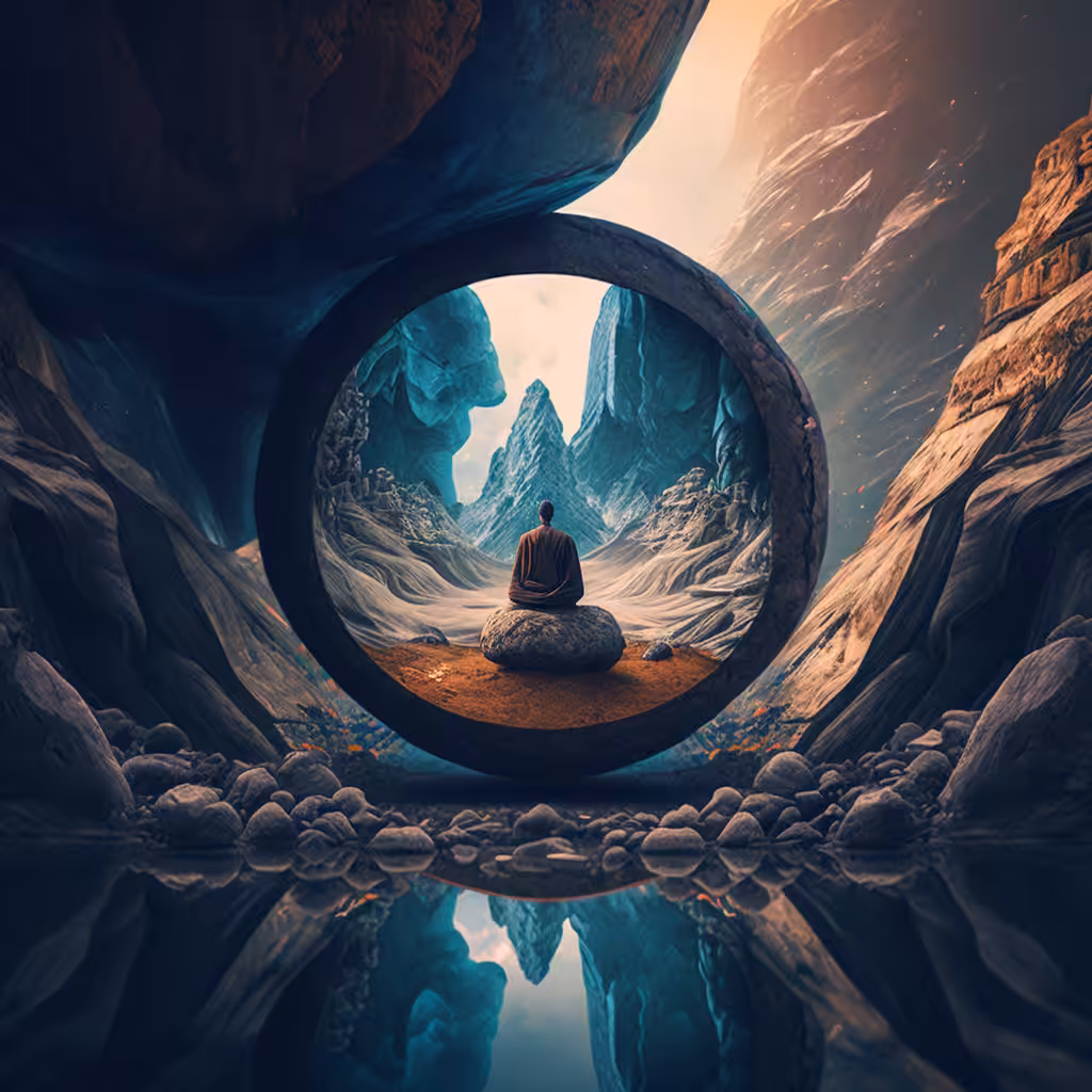  Zen master meditating at the rock lake