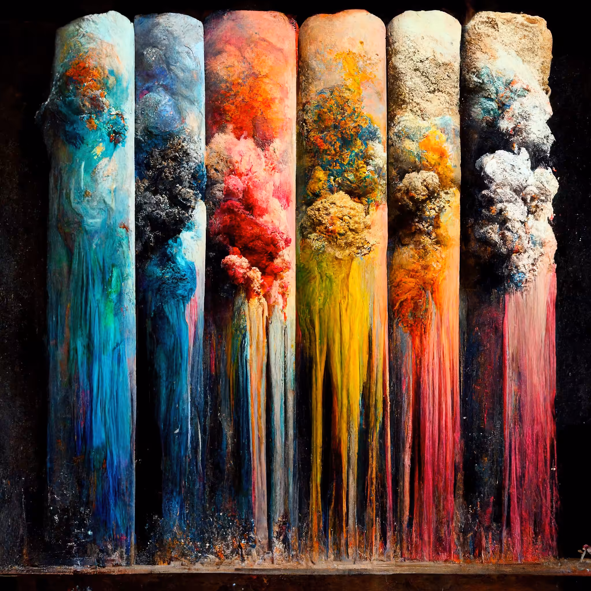 Paint in high pressure Nozzles then throwing chalk on round columns