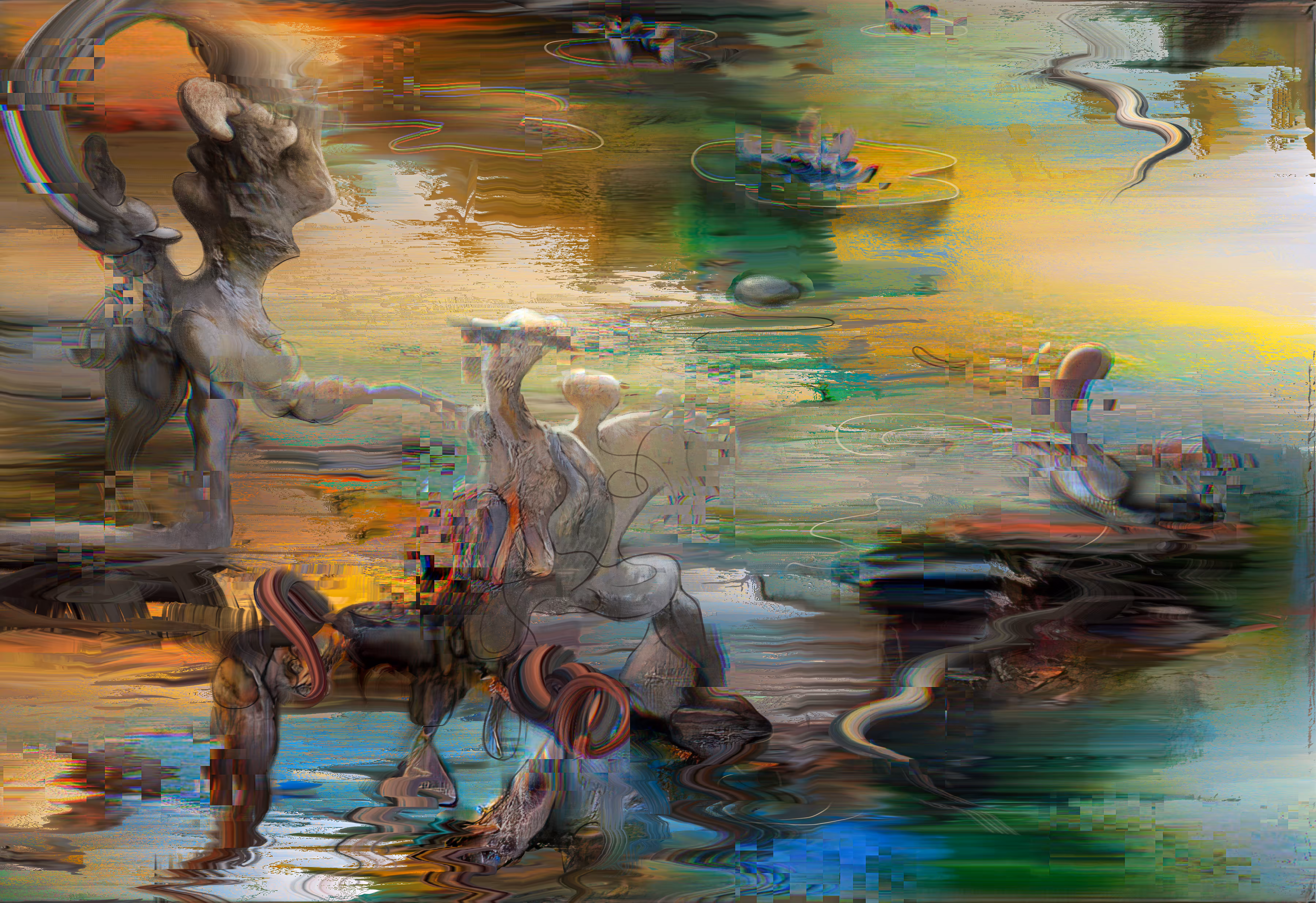 Glitch-Lillies floating or pixel soup