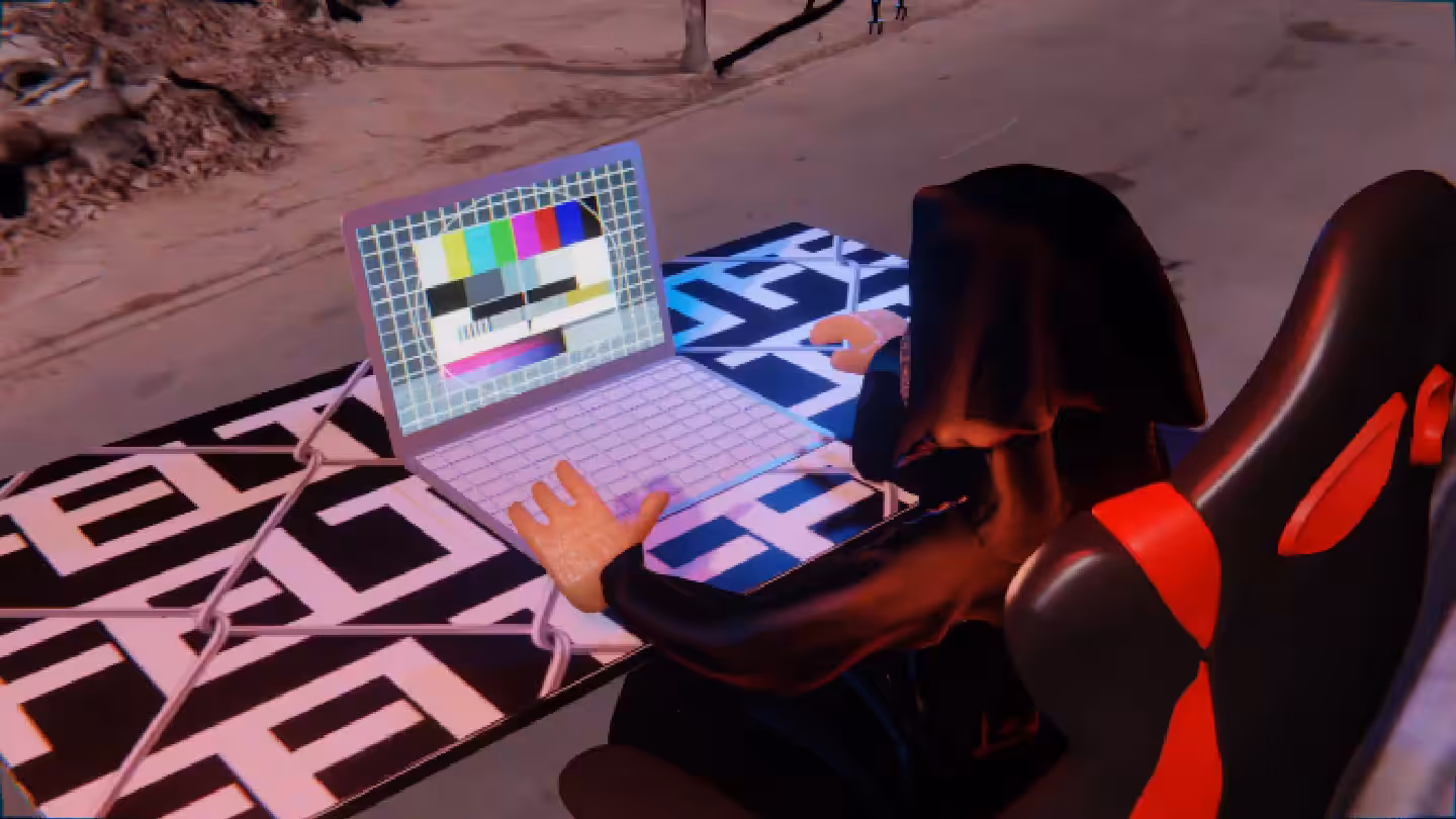 Desktop #92: The Guru in the Gaming Chair With a Drone and a Please Stand By Monitor on a Barbed Wire Table in Conflict