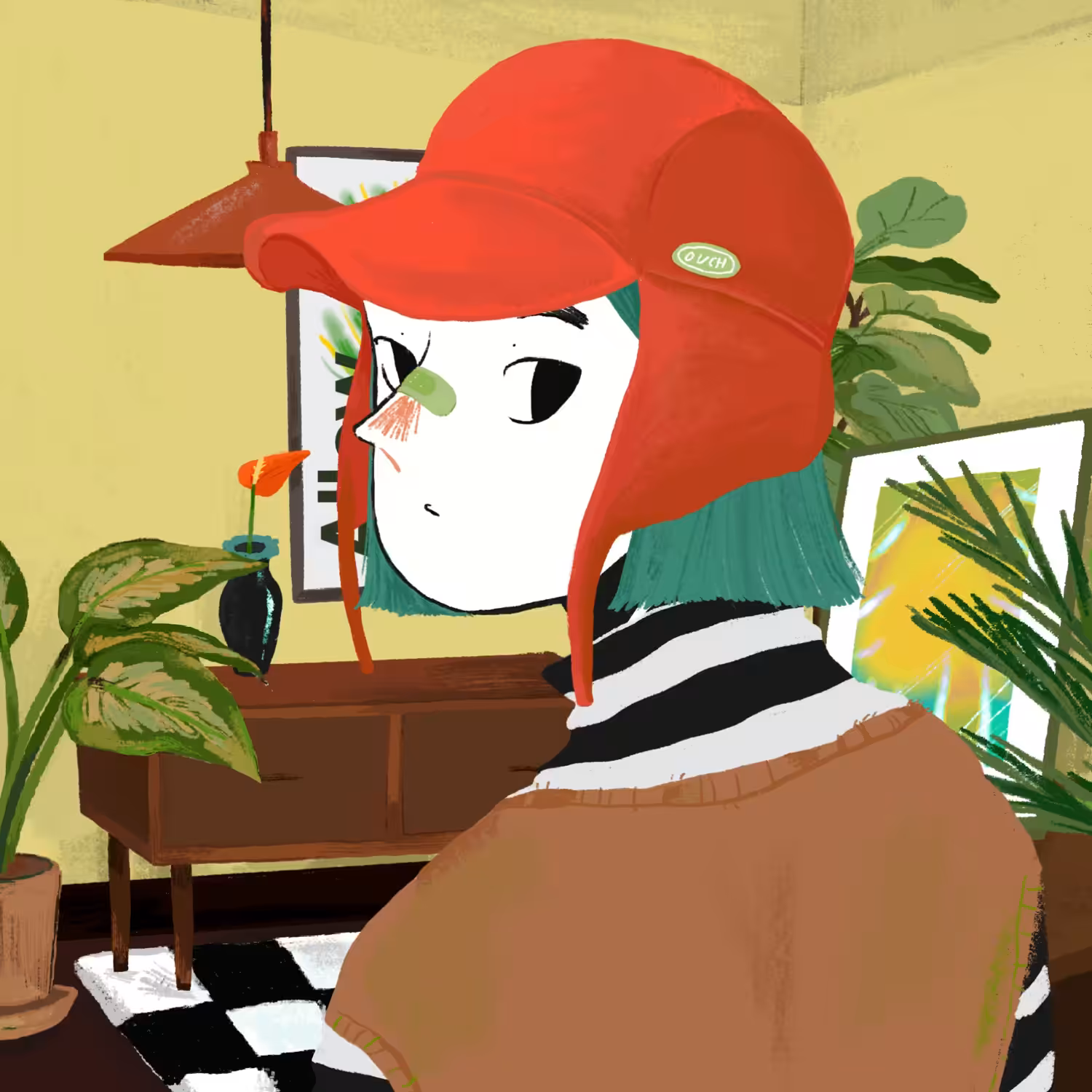 She is in the living room, Wearing her favorite flap cap - ni
