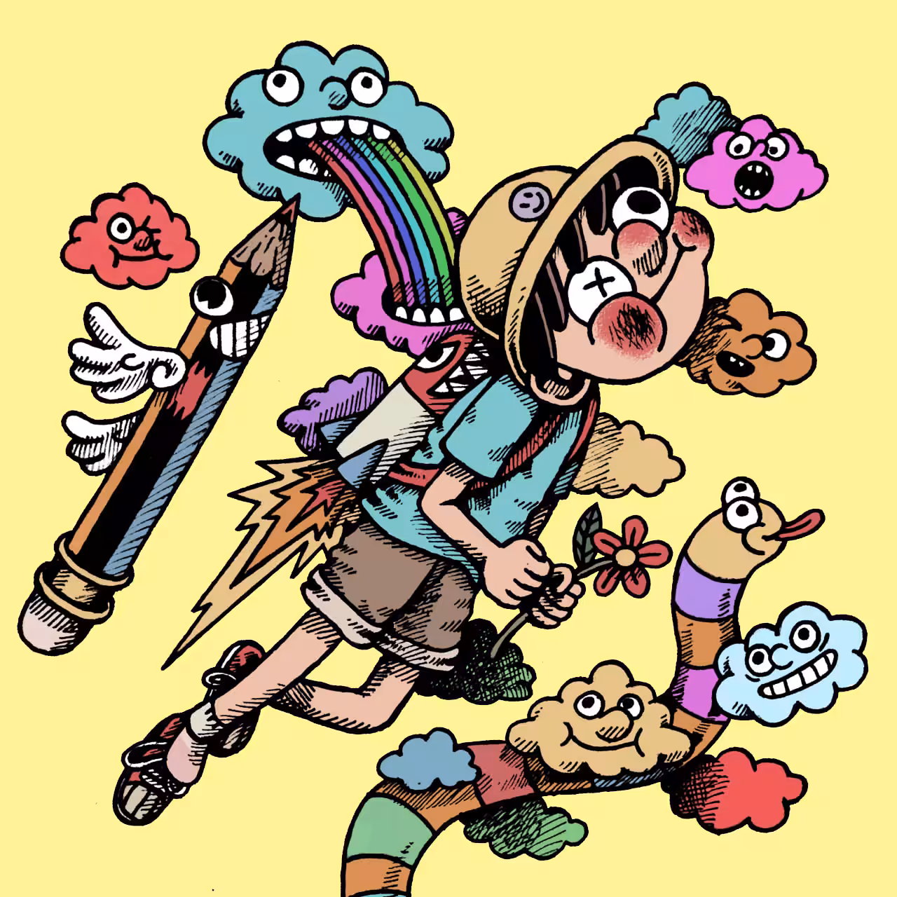 pencil cloud worm rainbow and me in the sky