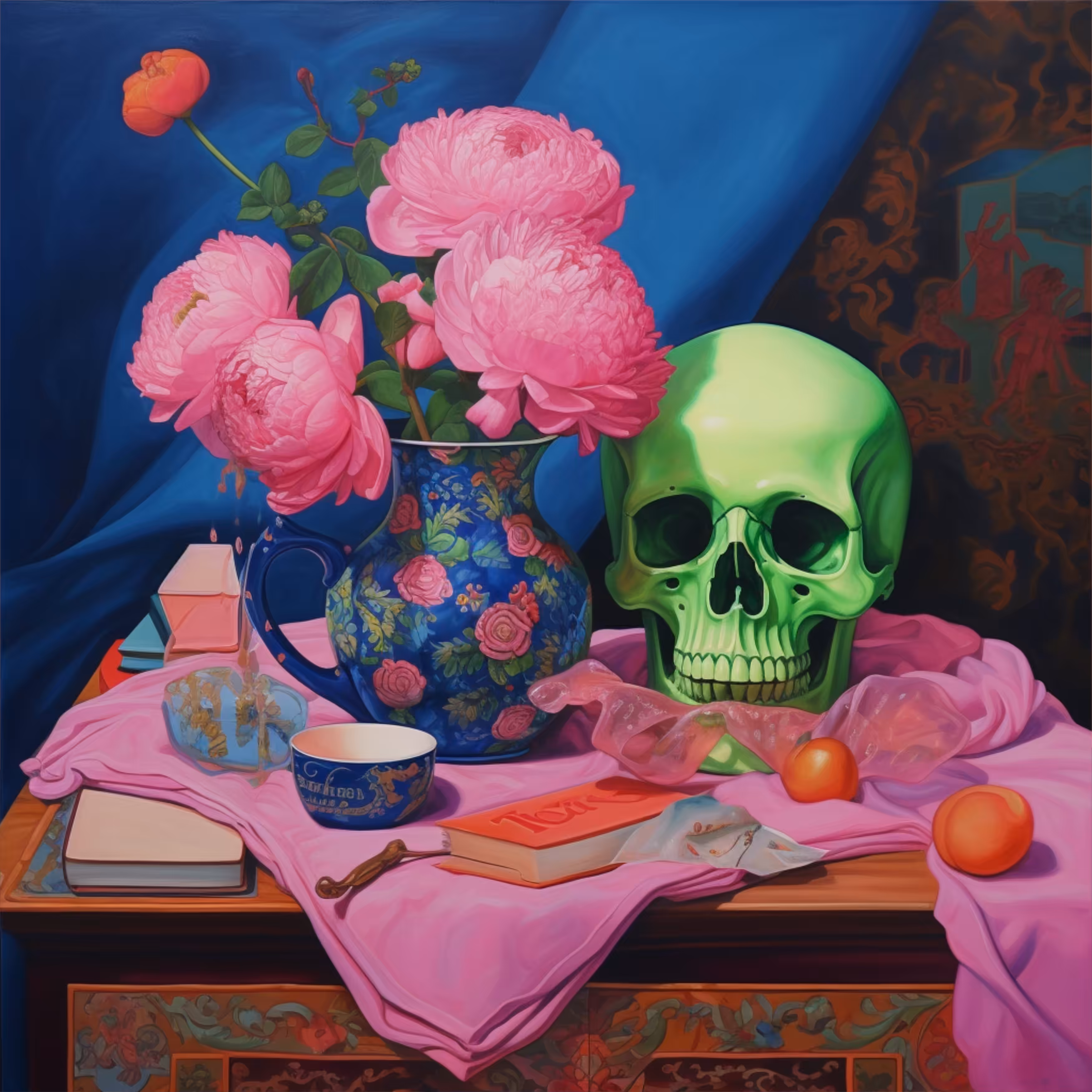 Pink flowers. Green scull